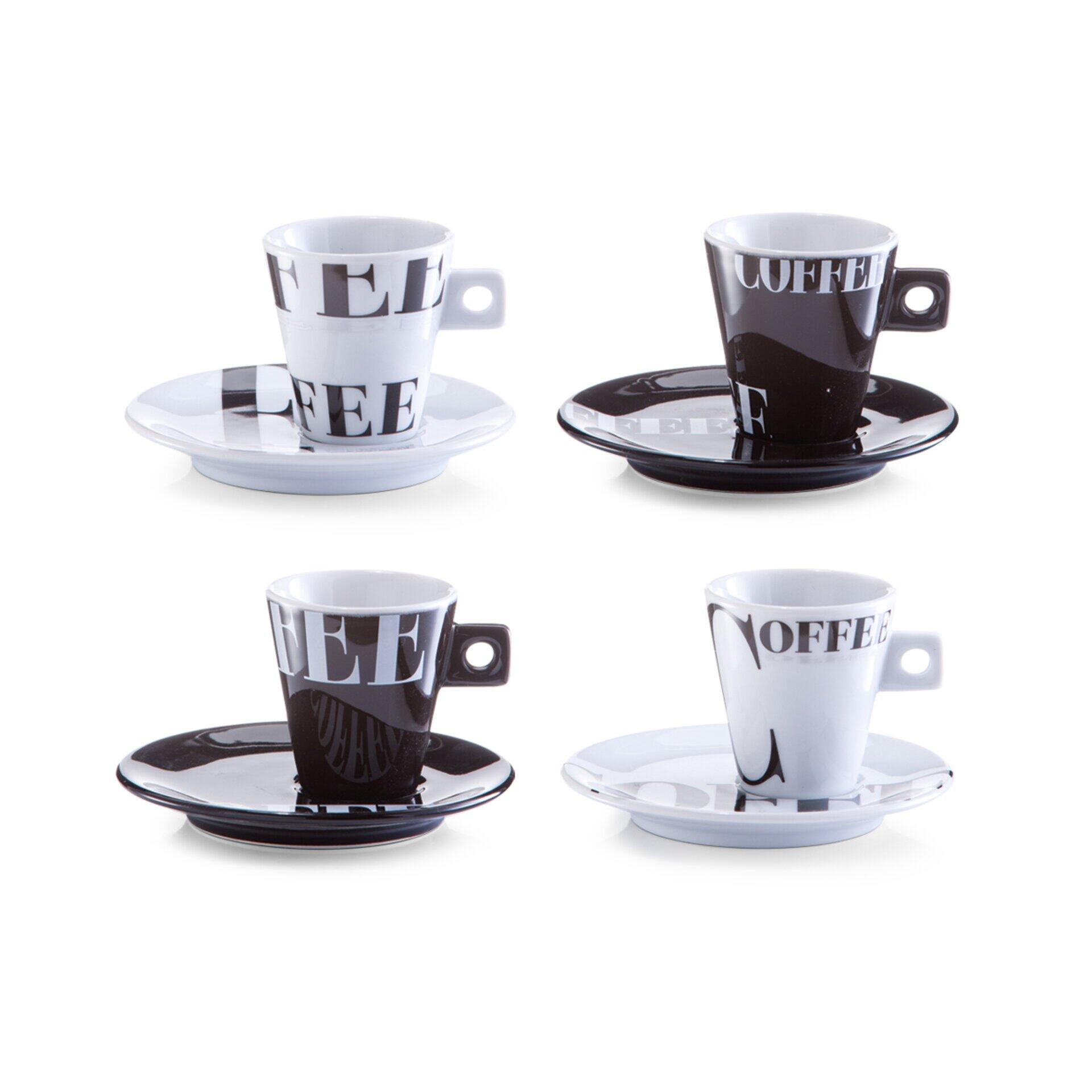Espresso-Set mit vier Tassen und Untertassen, wobei die Tassen einen auffälligen Schwarz-Weiß-Kontrast und die Aufschrift "COFFEE" aufweisen.