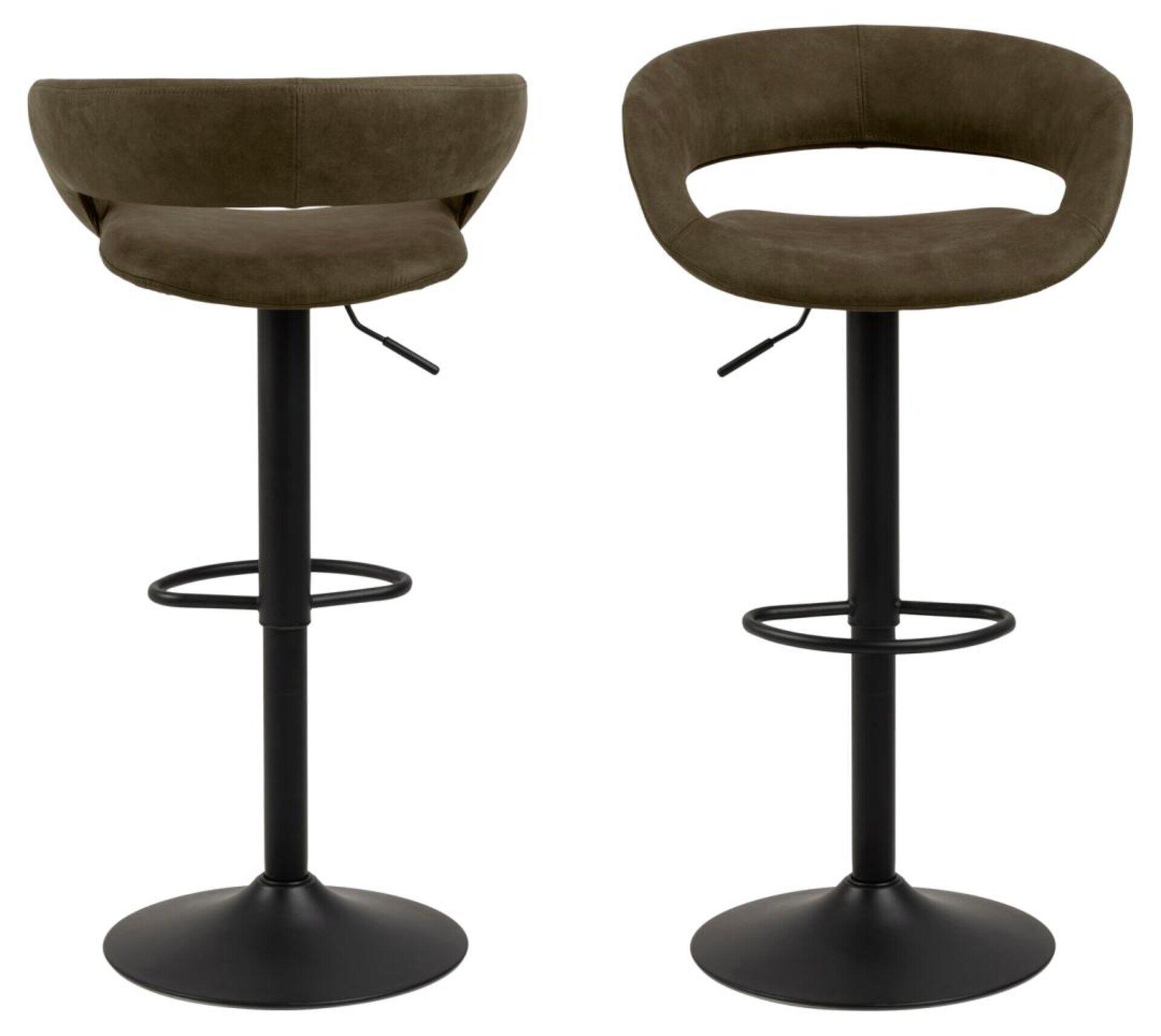 Barhocker Grace mit rundem Fuß, verstellbarem Metallstiel, grau-braunem Kunstledersitz und leicht gebogener Rückenlehne.