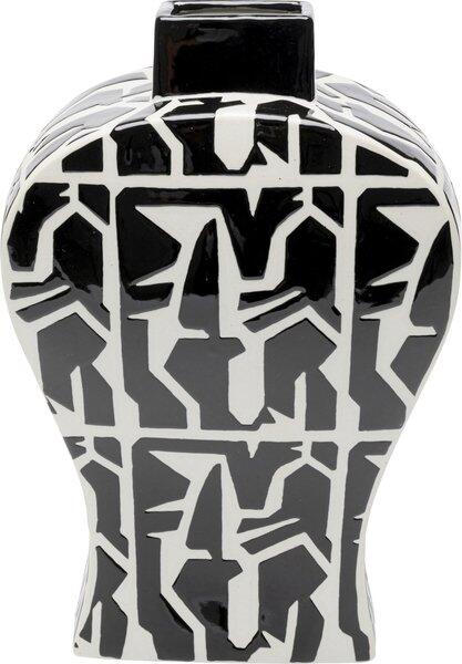 Frontale Ansicht der handbemalten Vase Artistico aus Porzellan mit hochformatigem, schwarzem, geometrischem Puzzlemuster.