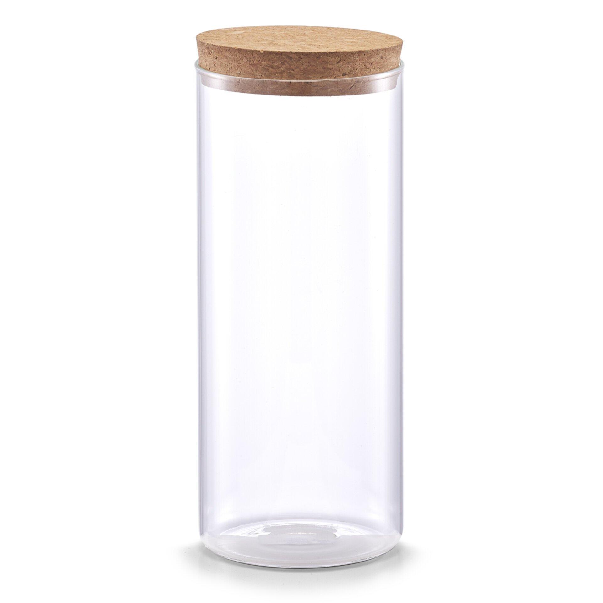Transparente Zylindervorratglas mit Korkende, dargestellt aus Frontalperspektive auf runder Basis.