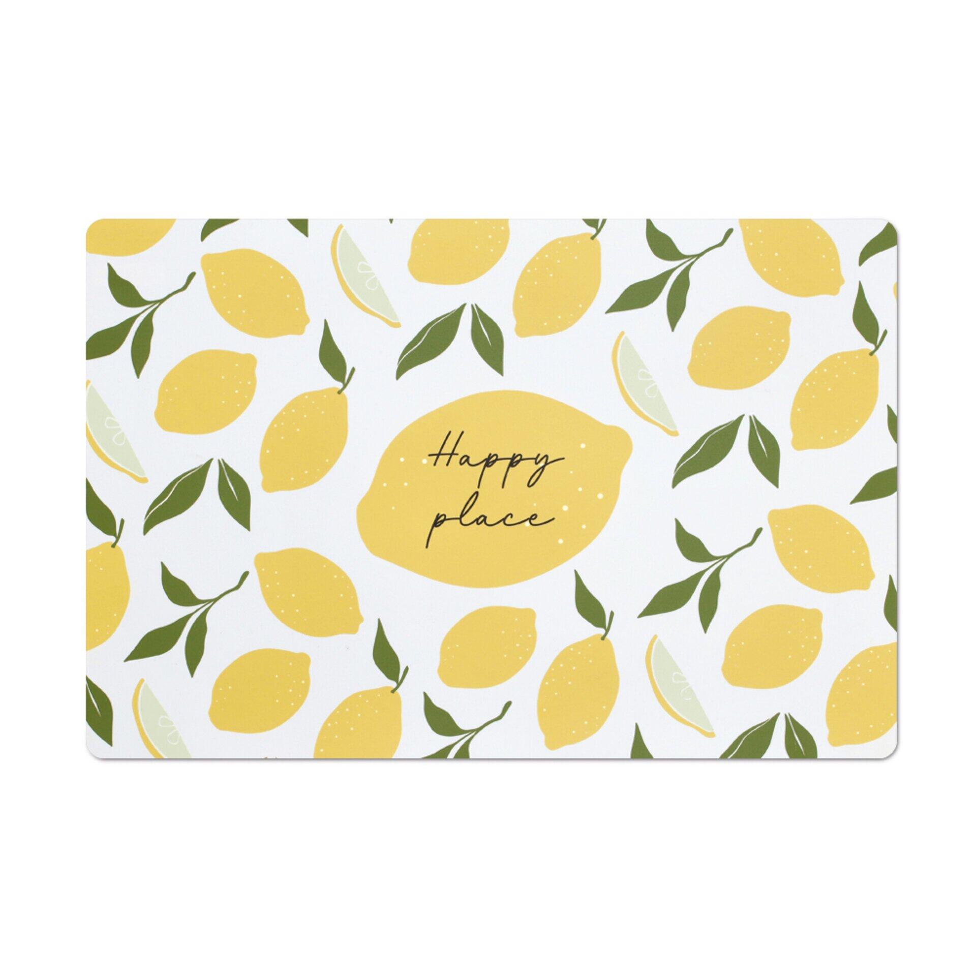 Platzset mit rechteckiger Form, weißem Grund und verspieltem Motiv aus gelben Zitronen, grünen Blättern und dem Schriftzug "Happy place".