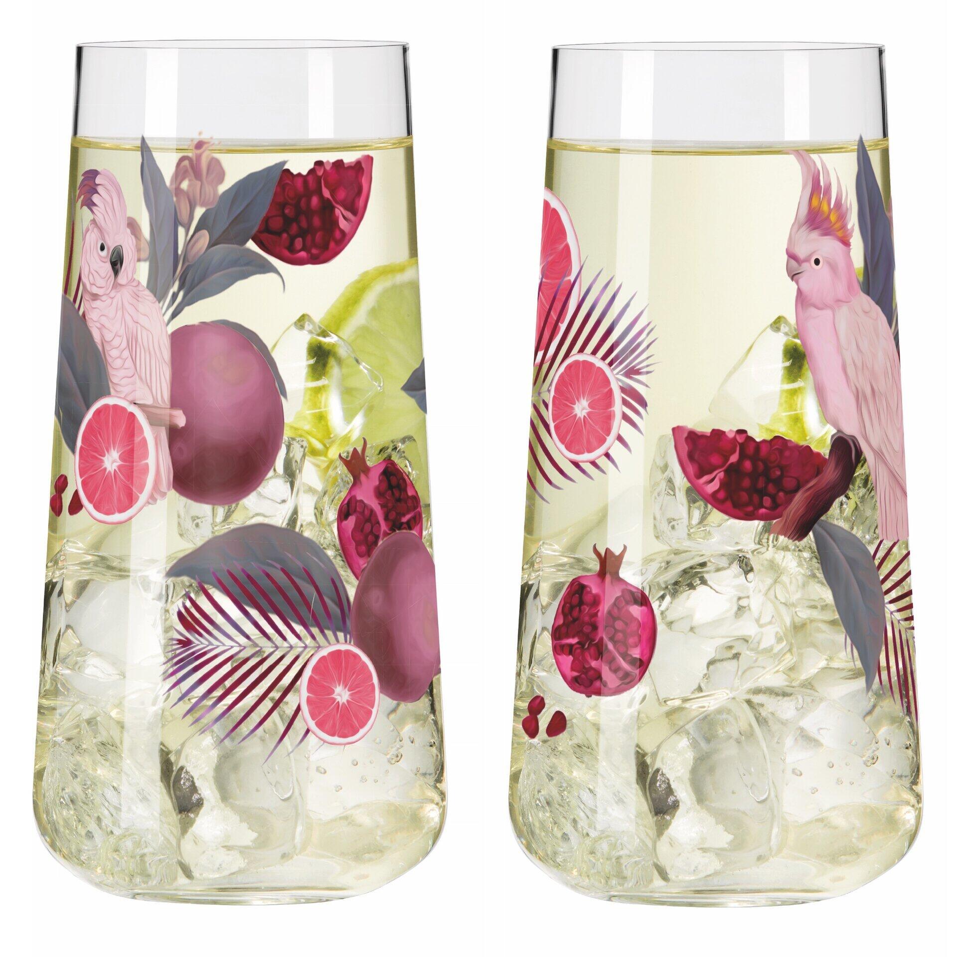 Universalglas-Set mit pinkfarbenen Papageien, Granatapfel, Mango, Zitronenscheiben und Palmenblättern im Wasser, aus der Perspektive leicht von unten fotografiert.