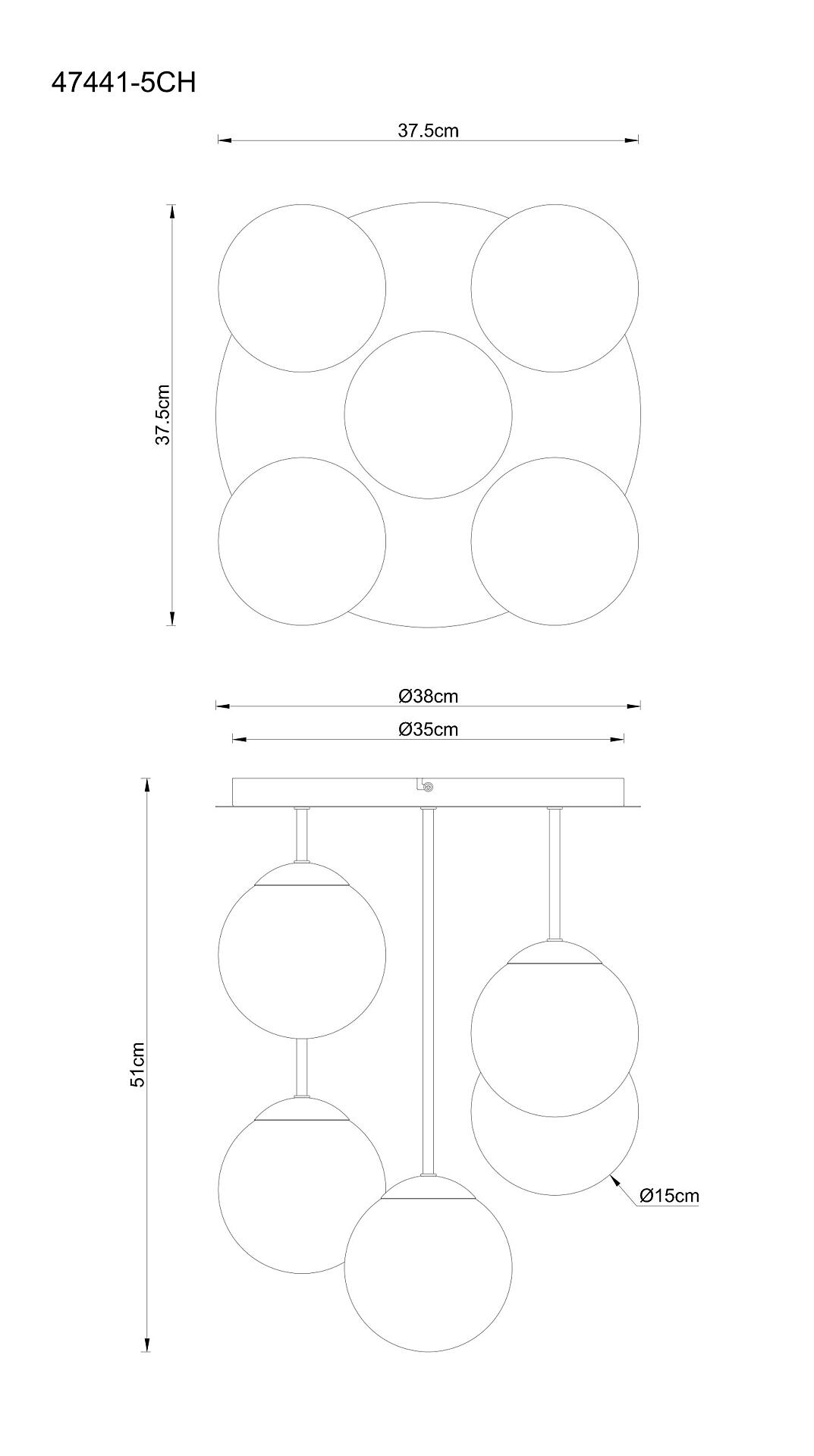 Deckenleuchte HARMON in Vogelperspektive mit zentraler Säule und unterschiedlich hohen Armen, versehen mit Glaskugeln in den Größen 15cm, 35cm, 38cm und 51cm.