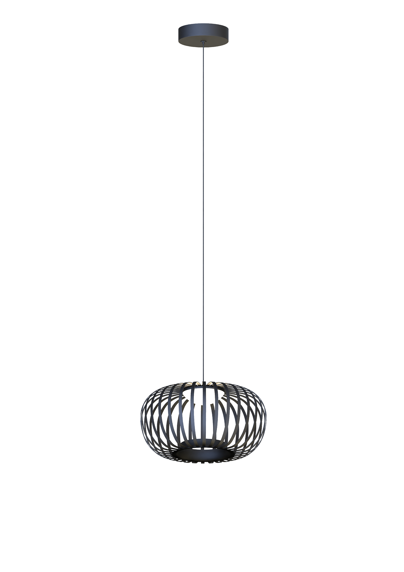 Pendelleuchte Cenicientos mit modernem, geschwungenem Metallgehäuse und dimmbarem LED-Leuchtmittel, dargestellt an einem dünnen, schwarzen Kabel.