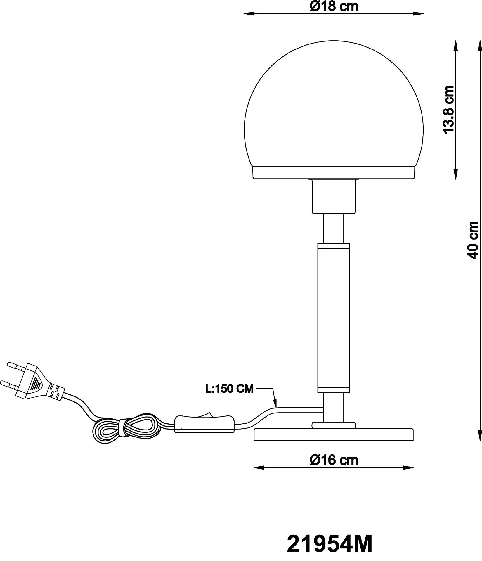 Technische Zeichnung der Tischleuchte HAKU aus Vogelperspektive mit hervorgehobenen Maßen: Lampenschirm Durchmesser 18cm, Lampenfuß Höhe 150cm, Gesamt Höhe 183,8cm, quadratischer Fuß 16cm Kantenlänge und sichtbarem Stromkabel mit Stecker.