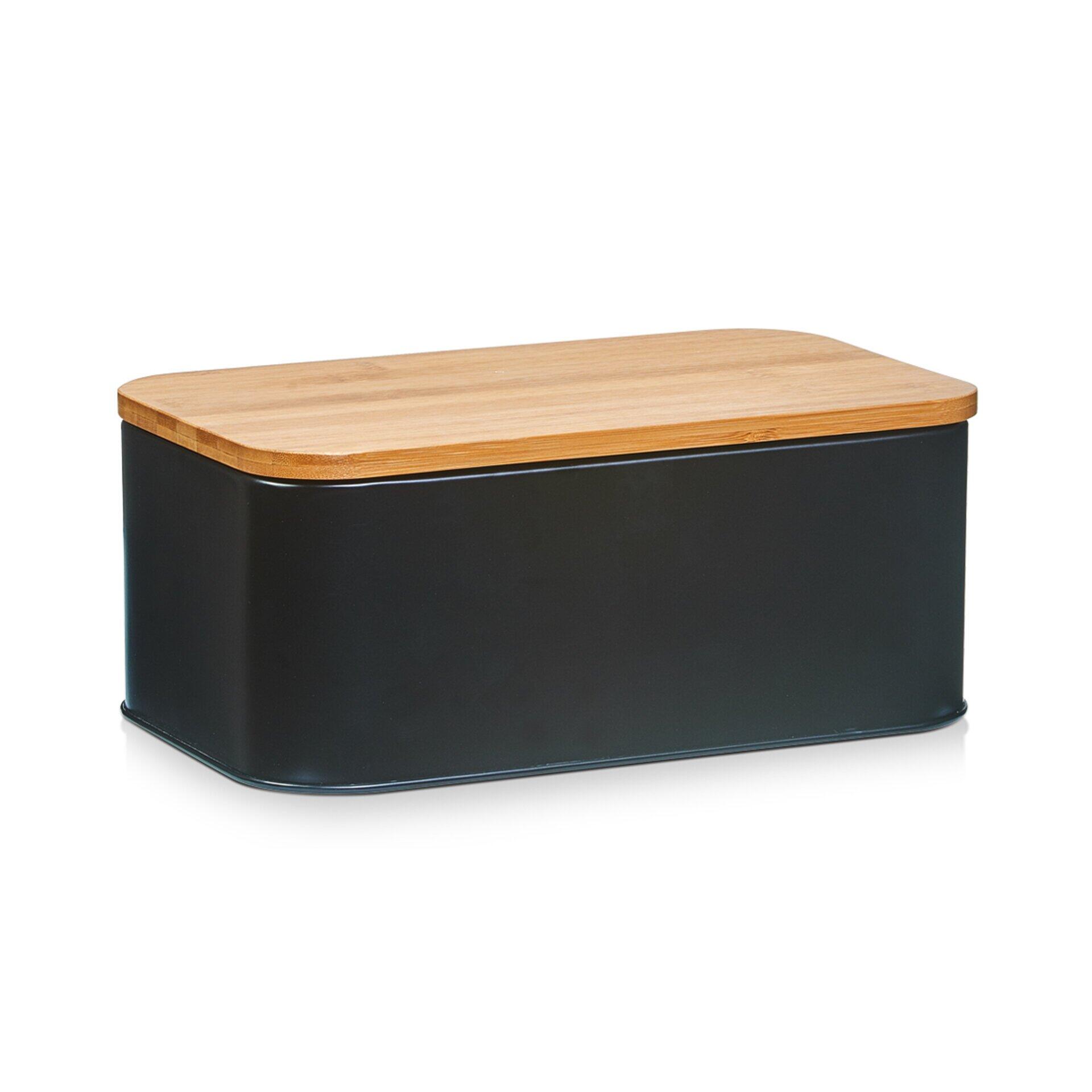 Brotkasten aus schwarzem Metall mit Bambusdeckel, leicht erhöhte Frontansicht.