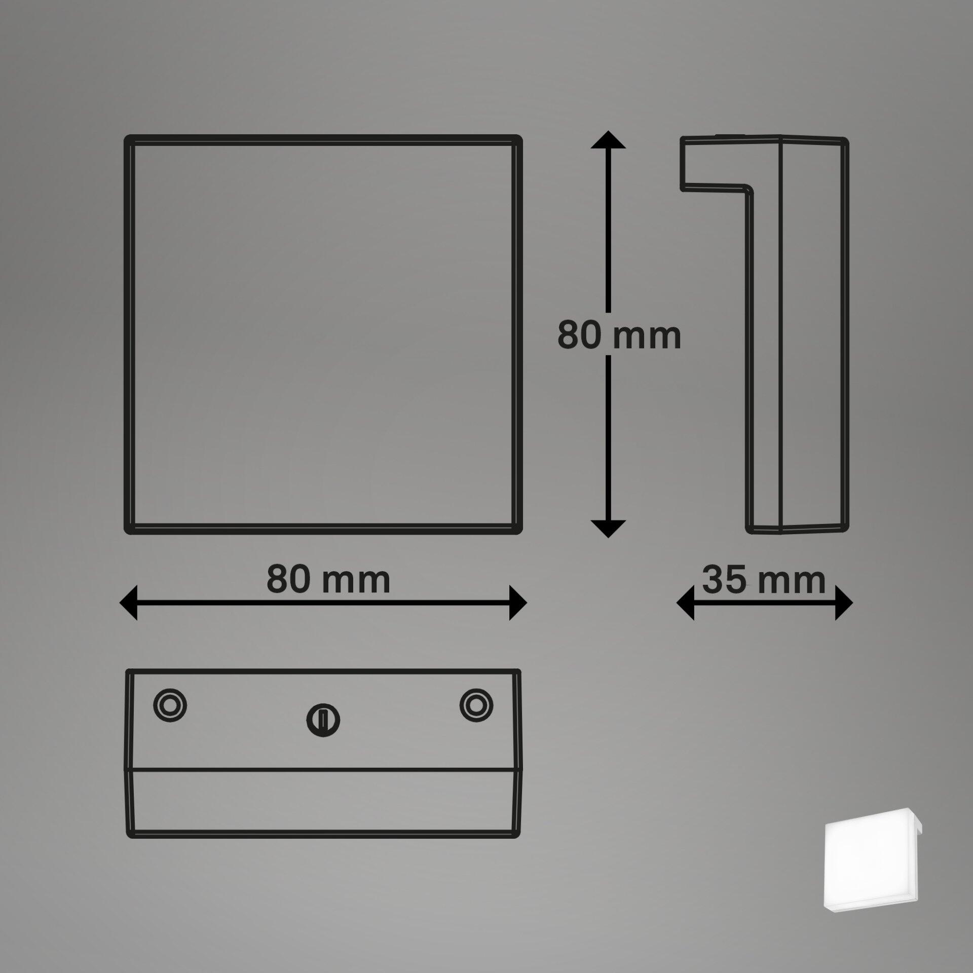 Weißer Schalter/Steckdosenkasten BRILONER mit Schrauben und Knopf in der Frontansicht, perspektivisch dargestellt und mit den Maßen 80x80mm und 35mm Höhe.