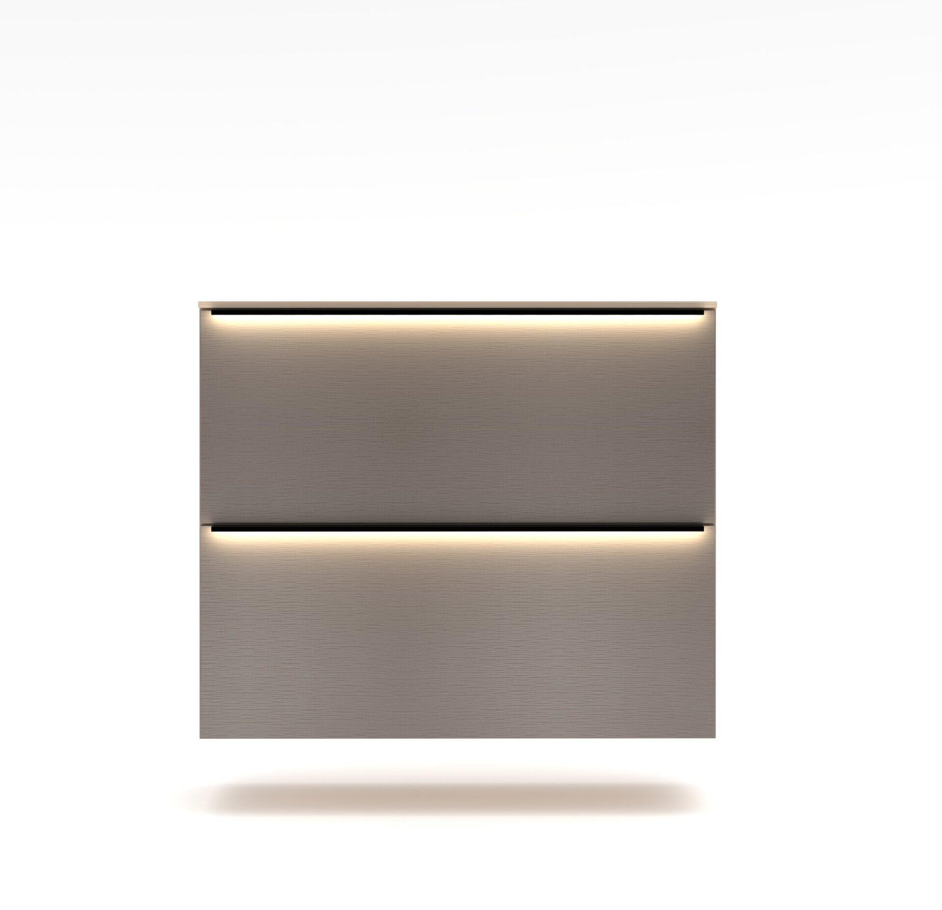 Hänge-Schuhschrank Starlight-G mit zwei übereinanderliegenden Schubladen, die durch LED-Griffbeleuchtung elegant hervorgehoben werden.