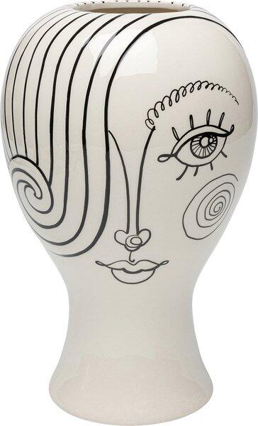 Vase Favola Lady aus elfenbeinfarbener Keramik mit leicht konischer Form und handgezeichnetem, stilisiertem Porträt.