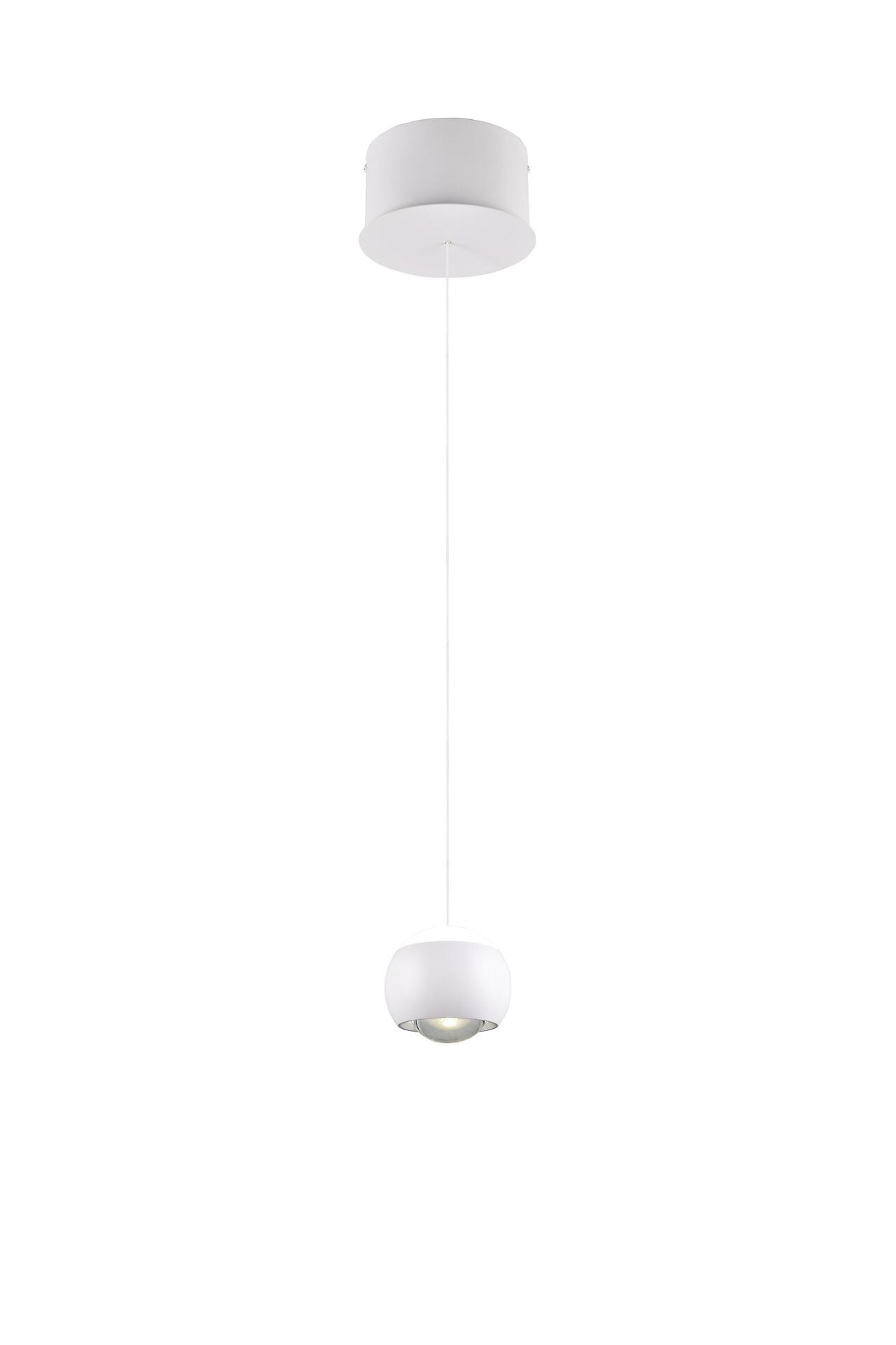 Pendelleuchte Cannon mit minimalistischem Design aus zwei weißen, ineinanderliegenden Elementen, die in einer Frontalperspektive ausleuchtet.