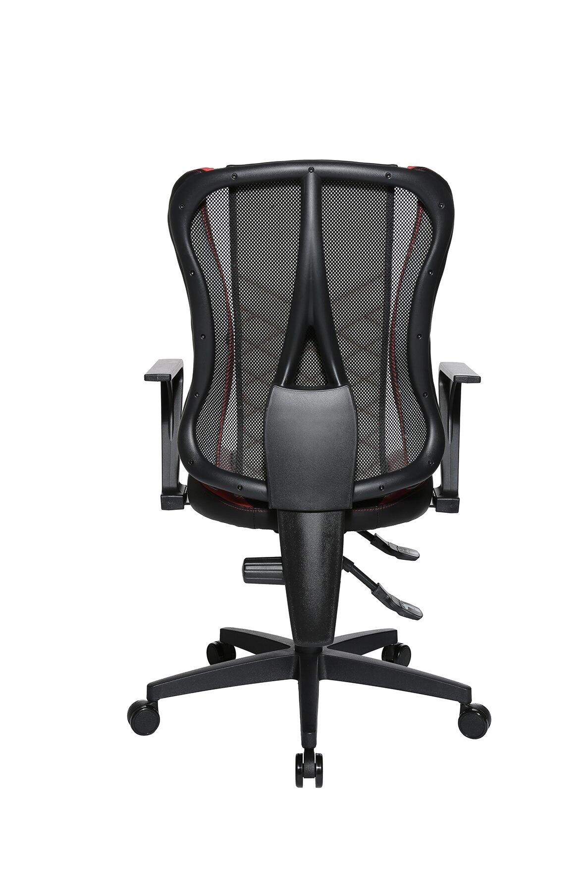 Bürostuhl "Gaming Chair 10" in Seitenansicht mit schwarzem Fußkreuz, atmungsaktiver Netzlehne mit roten Akzenten, verstellbaren Armlehnen und integrierter Lordosenstütze.