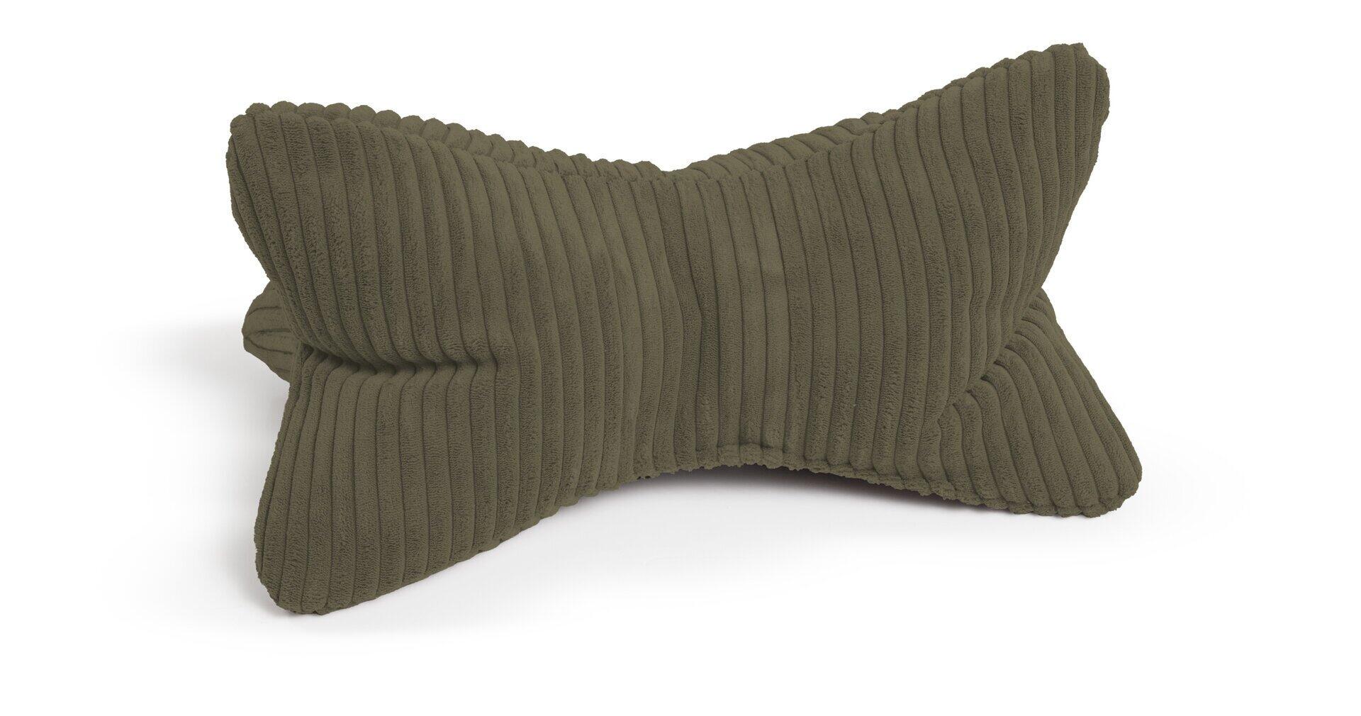 Nackenkissen "Leseknochen, Shara" in Dreiecksform aus Flauschcord mit dunkelgrüner Struktur, frontal und aus leicht erhöhter Perspektive aufgenommen.
