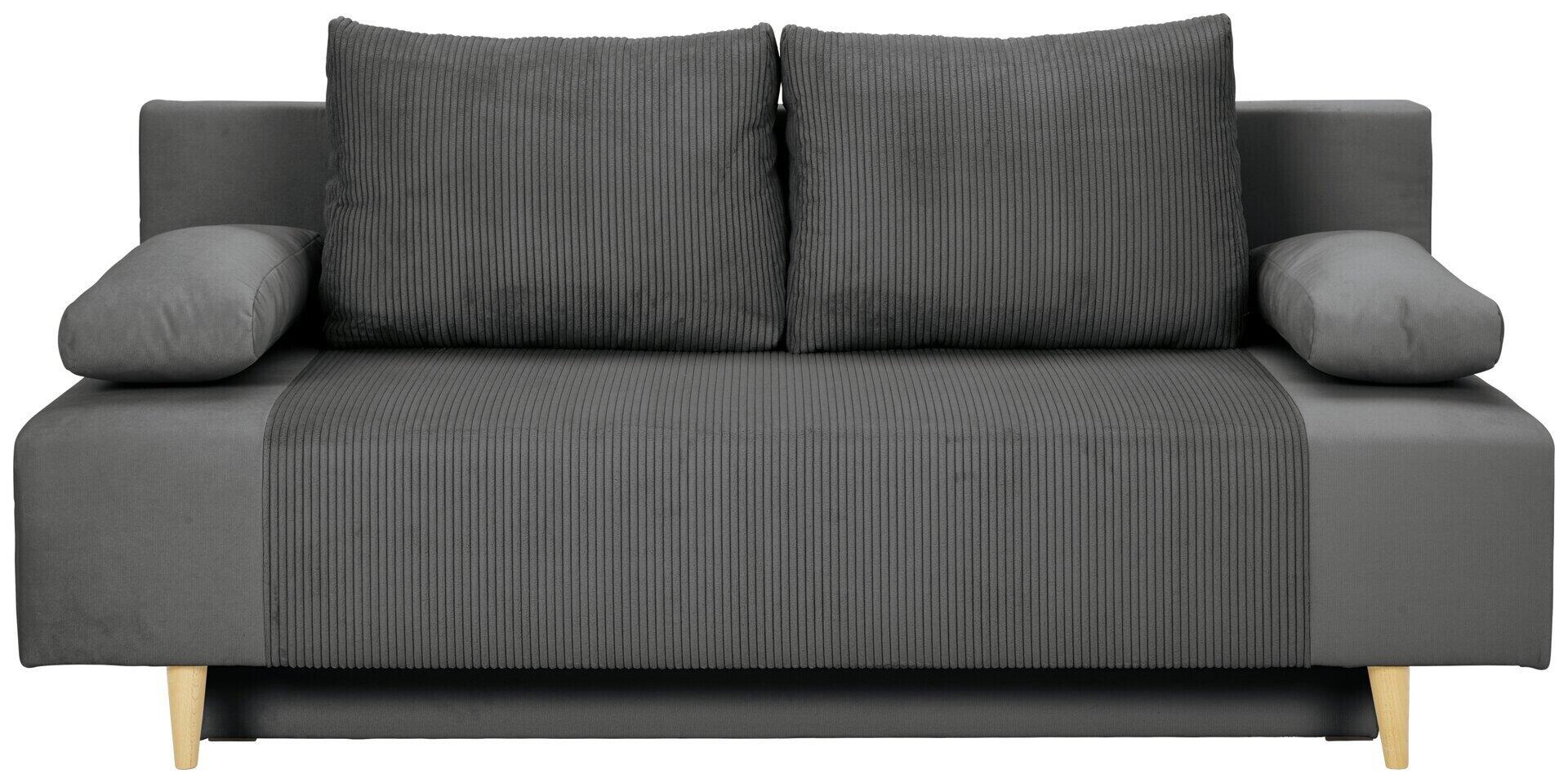 Schlafsofa Leon 2 Lux in Grau aus Frontalperspektive mit ausgezogenen Bett und sichtbaren Holzfüßen aus Buche.