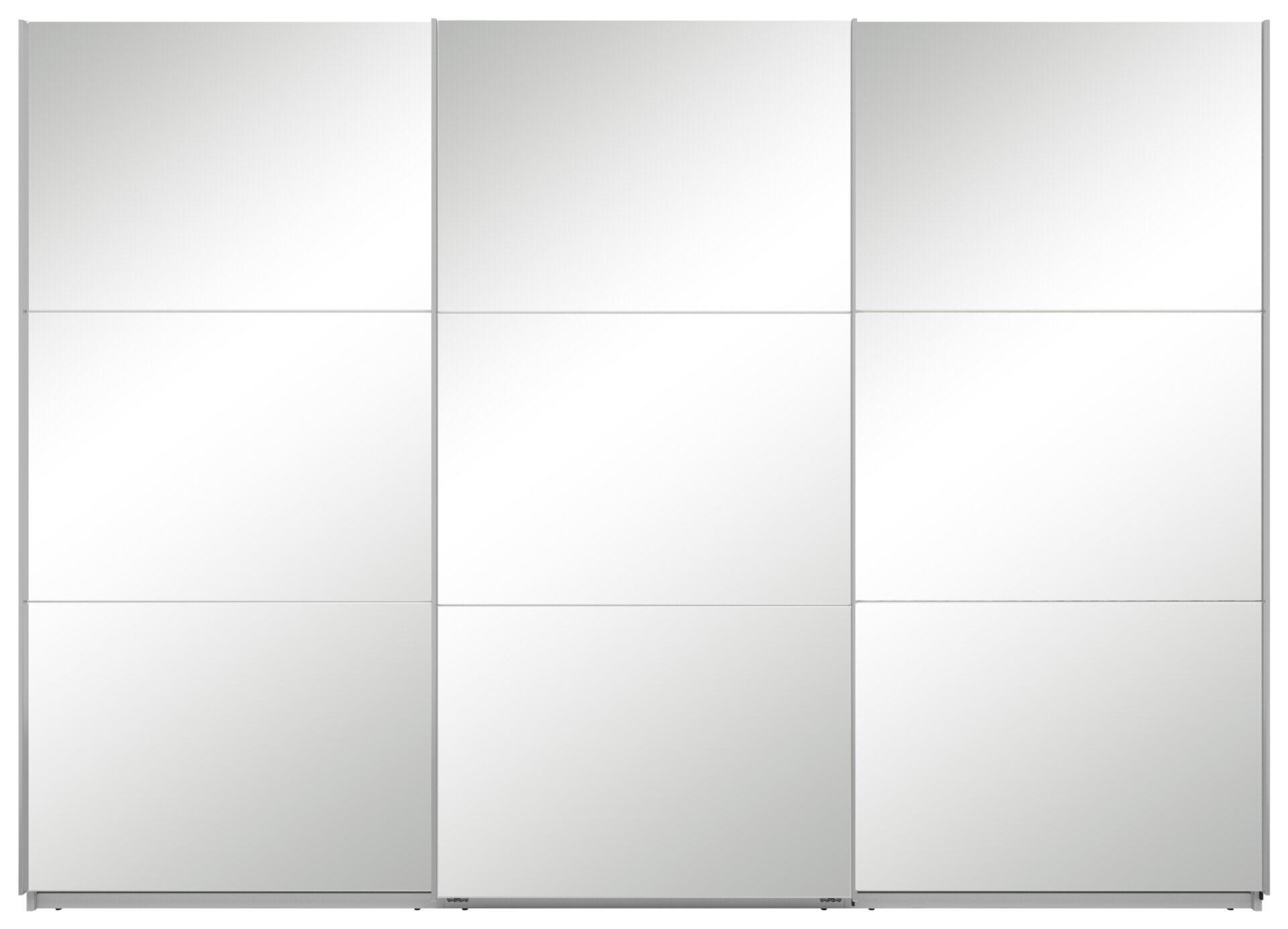 Schwebetürenschrank Neo mit drei bündig liegenden, griff-losen Türen und Spiegelglas-Front in Frontalperspektive.