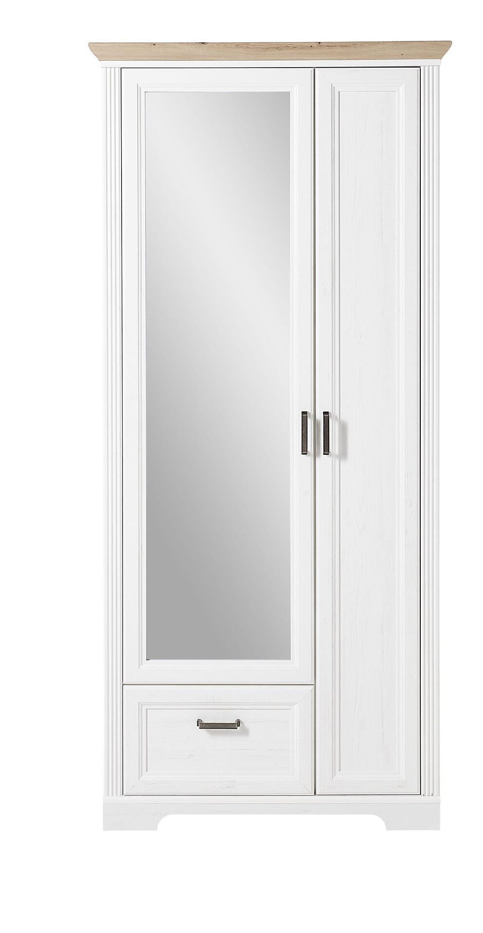 Garderobenschrank Jasmin mit Spiegeltür, Schublade und einer horizontalen Ablage.