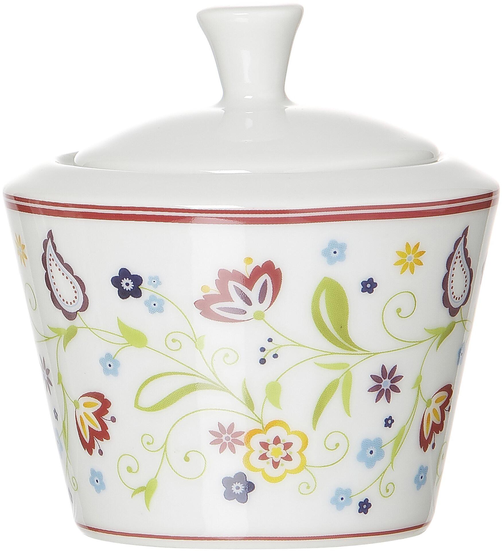 Zuckerdose Shanti von Ritzenhoff & Breker, konisch geformt mit blau-grün-roten Blumenrankenmuster und passendem Deckel, aus der Vogelperspektive dargestellt.
