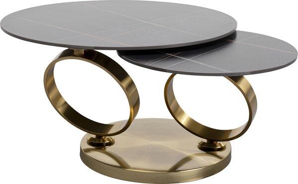 Couchtisch Berverly Gold mit zwei übereinanderliegenden, dunkelgrauen Tischplatten und goldenem Metallgestell, das eine elegante, schwenkbare Ablagefläche bildet.