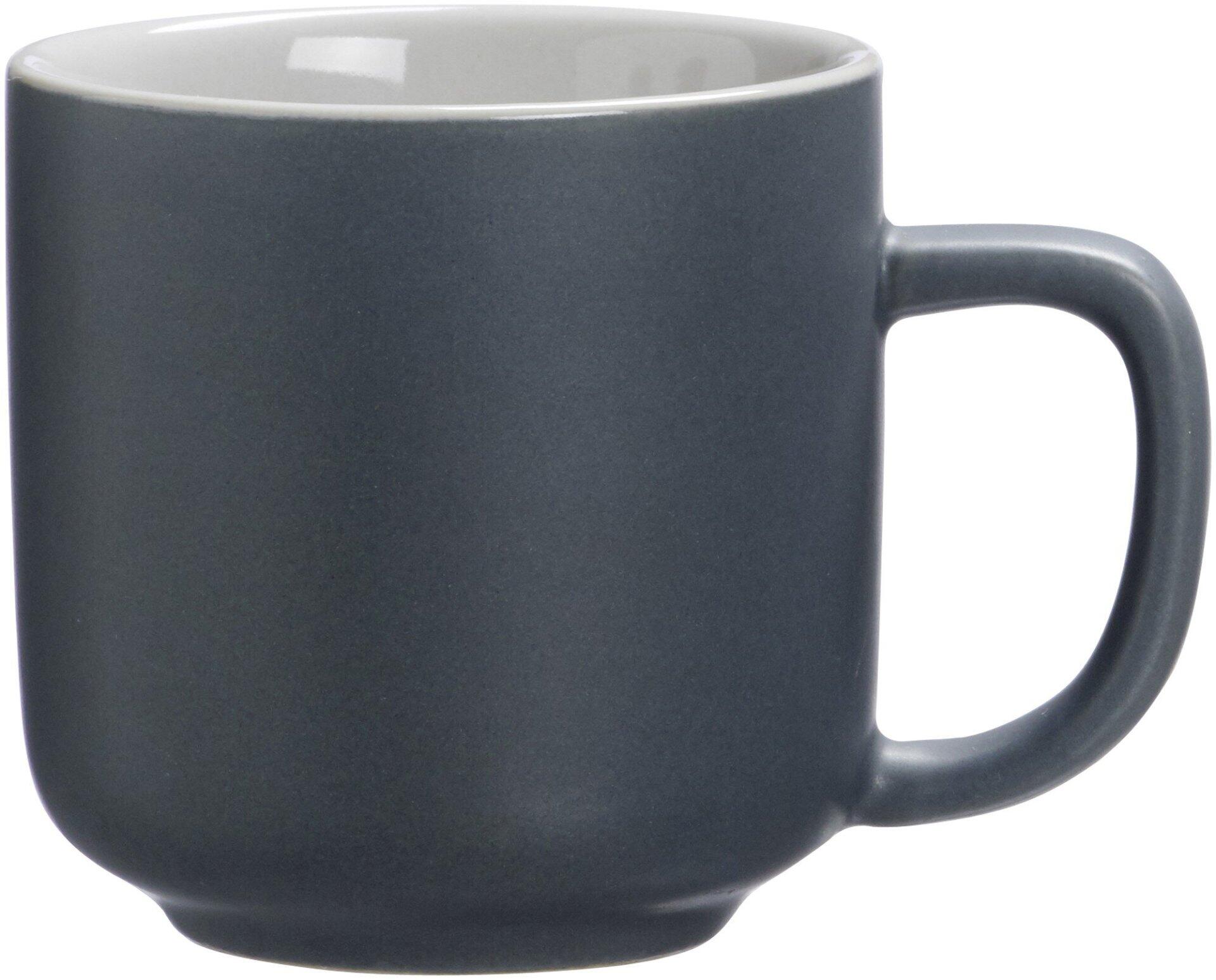 Espressobecher Jasper, grauer Keramikbecher mit geschwungenem Rand und Henkel, aus der Frontalperspektive dargestellt.