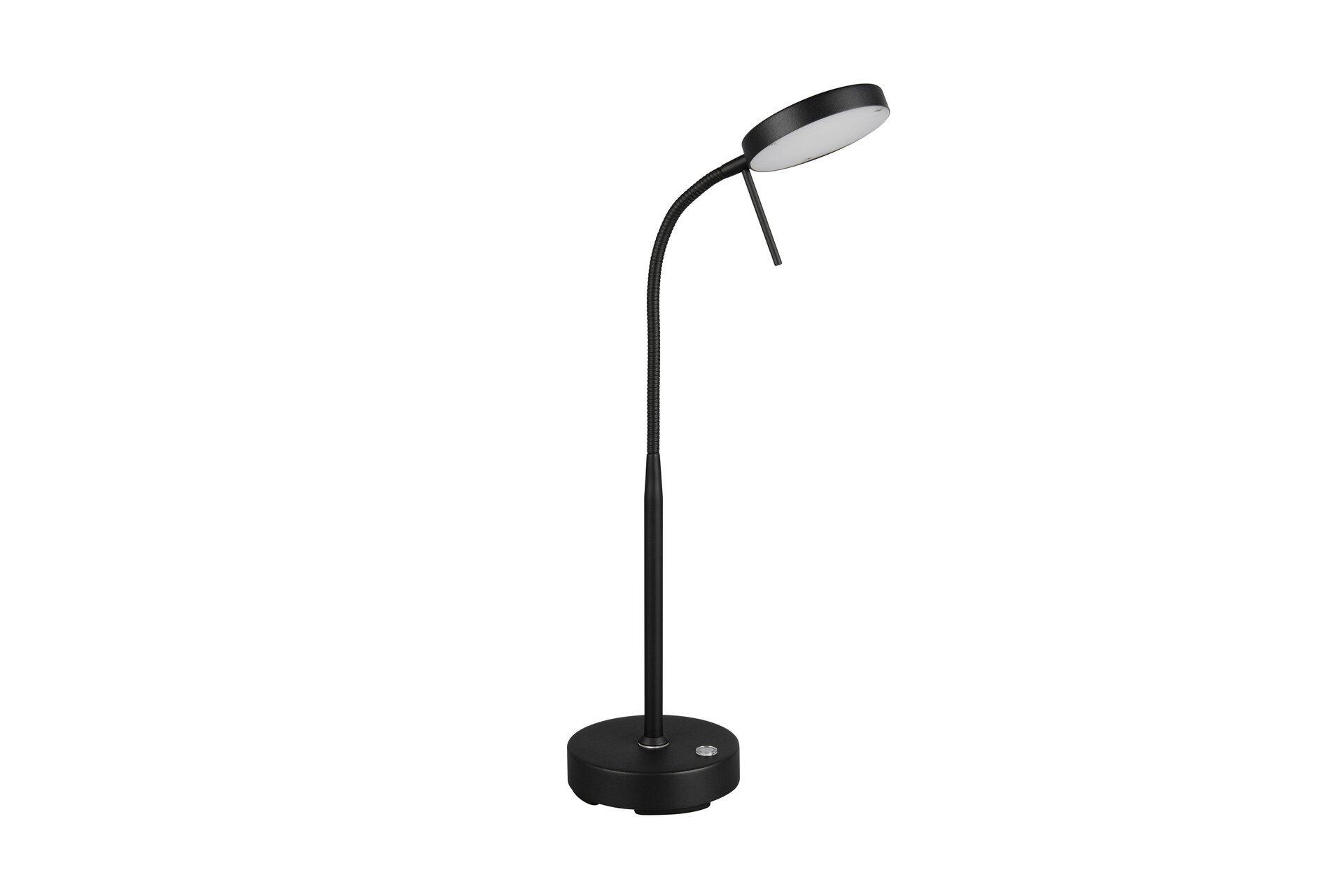 Tischleuchte Moreno mit flexiblen Lampenkopf und runder Fußplatte für variable Lichtausrichtung.