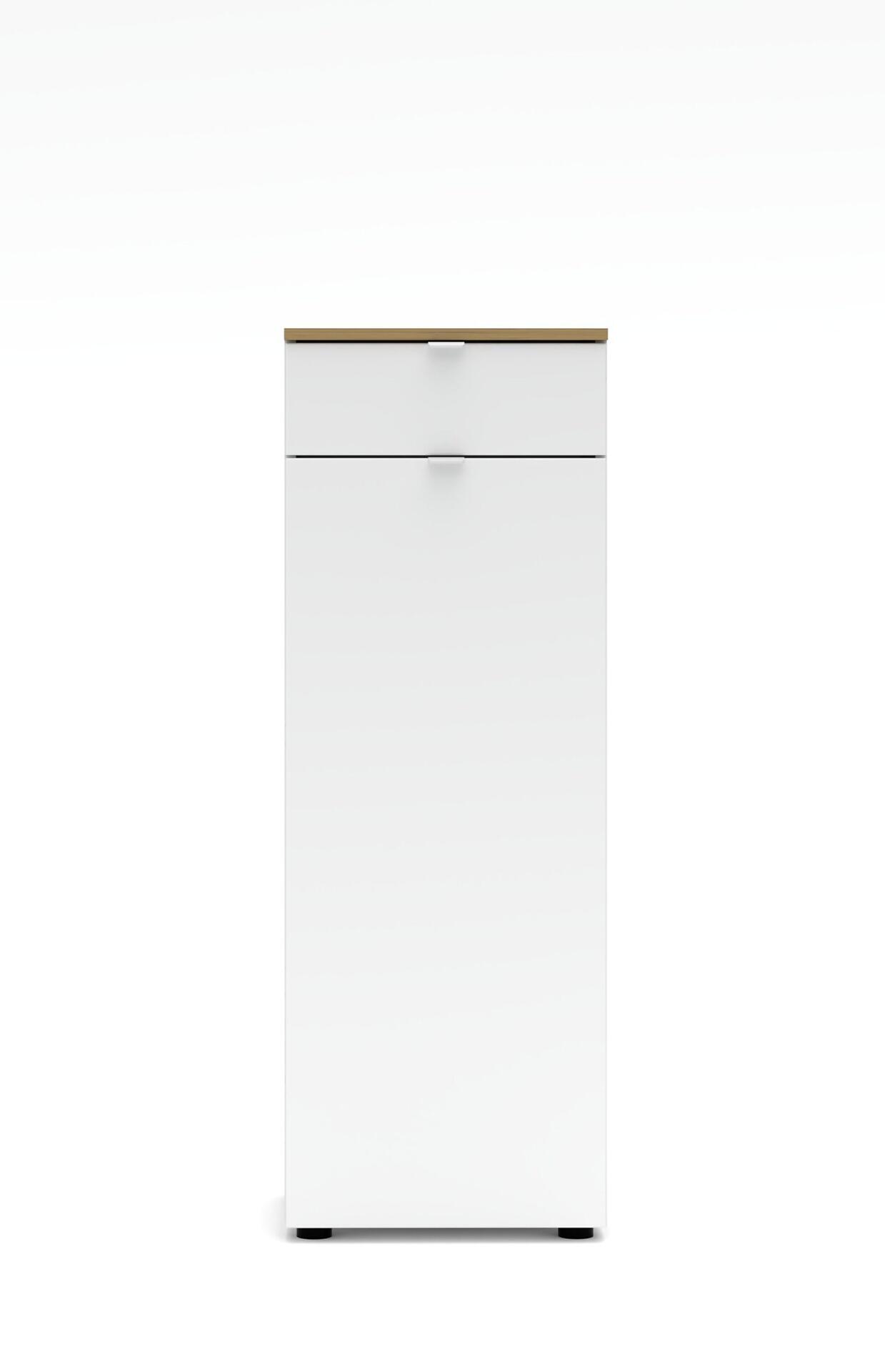 Büroschrank Diana mit weißer, supermatter Front, Artisan Eiche Abdeckung und einer Schublade.