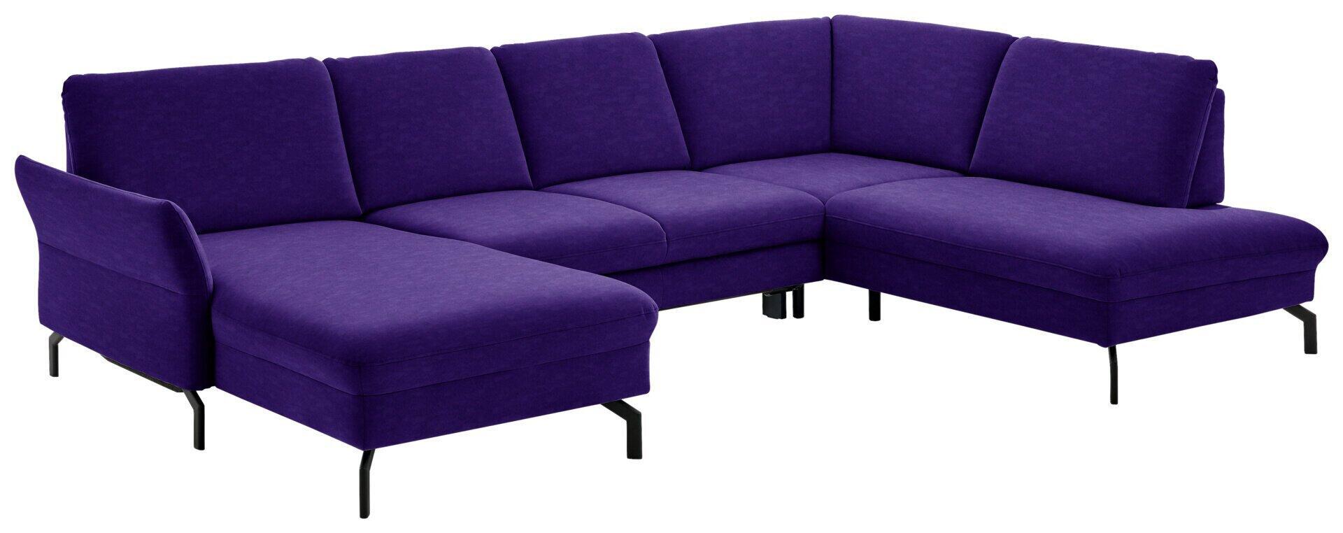 Violettes L-förmiges Sofa Wiesbaden mit Ottomane, flexibel positionierbar, schwarze Metallfüße und modernen, geraden Linien.