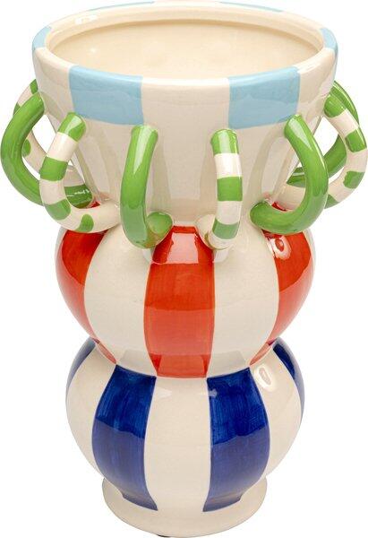 Vase Harlequin Handle, handbemalte Porzellanvase mit horizontalen Farbstreifen in Blau, Rot, Grün und Weiß sowie elegant gebogenen Griffen, aus der Seitenperspektive dargestellt.