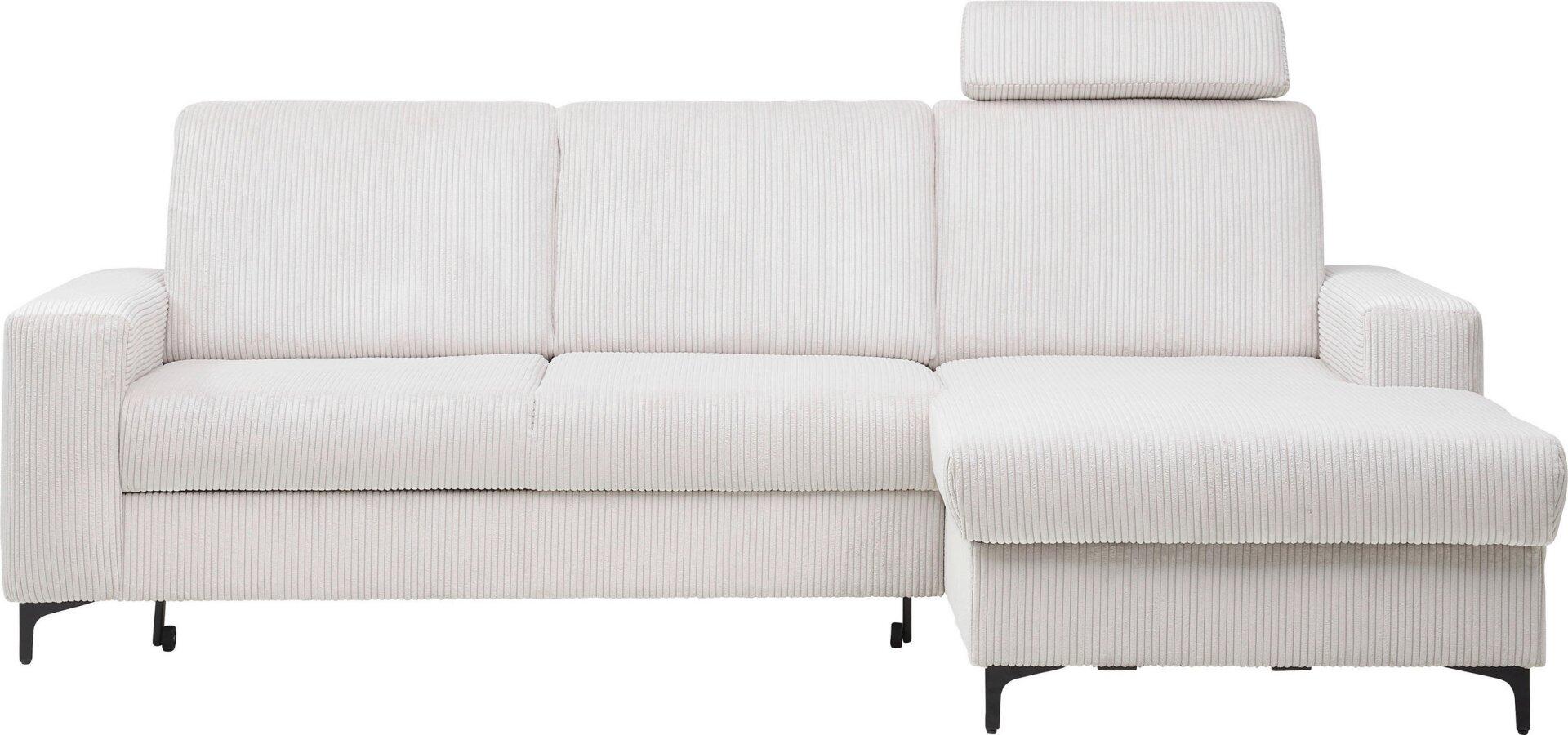 Ecksofa Balina in Weiß mit Winkelfüßen aus Metall, die Schlaffunktion und die Eckgarnitur sind im Detail zu sehen.