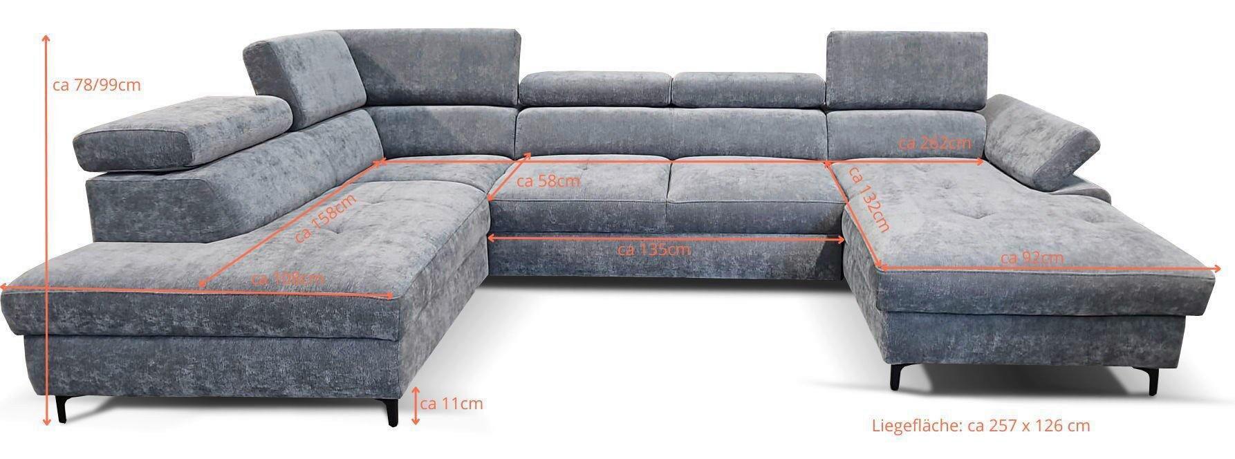 Graues Ecksofa Combo mit abklappbarer Kopfstütze, Bettkasten, Armteil- und Kopfteilverstellung im U-förmigen Design mit Blick aus leicht schräger Frontperspektive.
