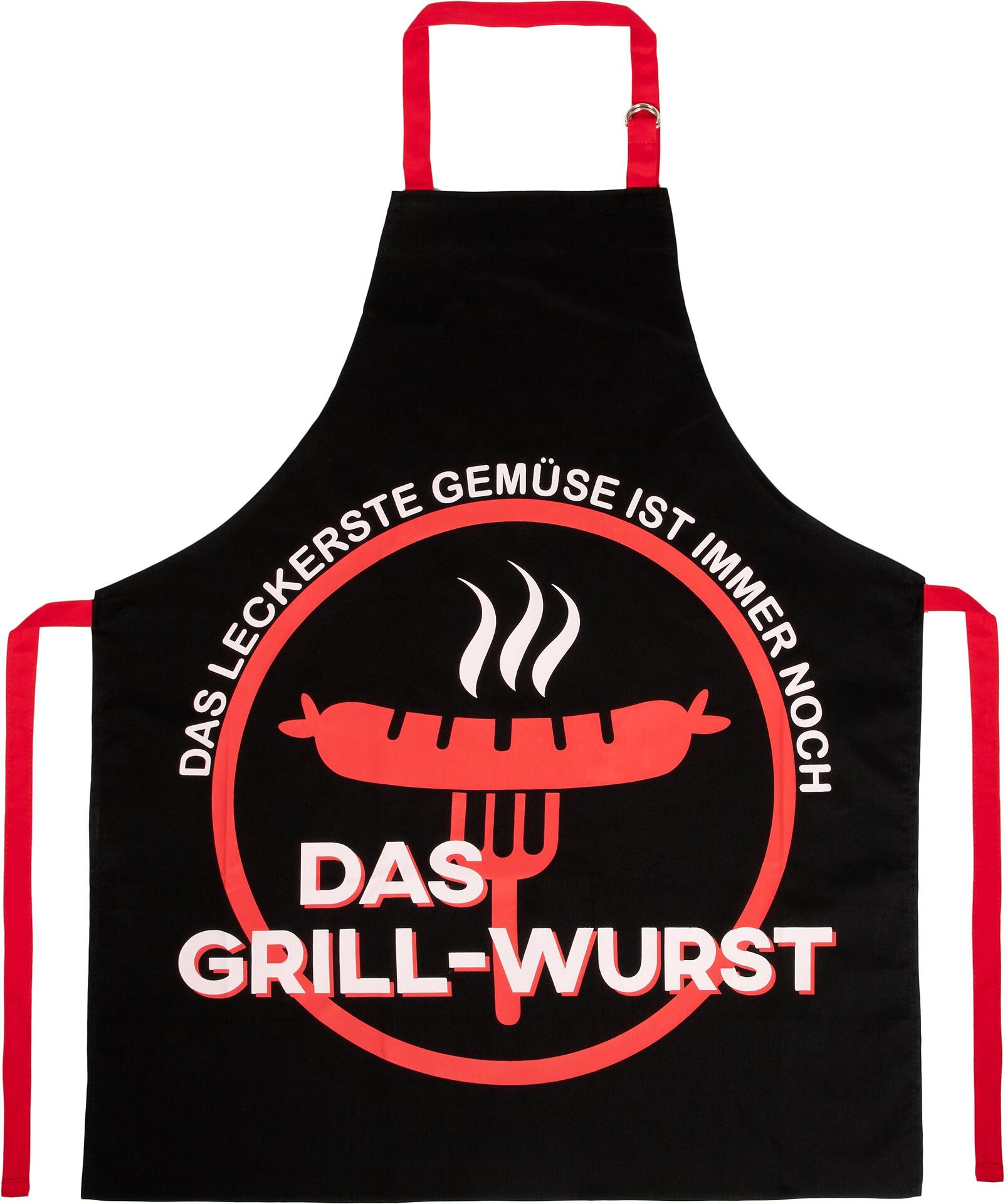 Schürze "Bbq" in Frontalperspektive mit weißem Grund, roten Tragebändern und einem aufgedruckten Motiv von gegrillten Würstchen und Gemüse.