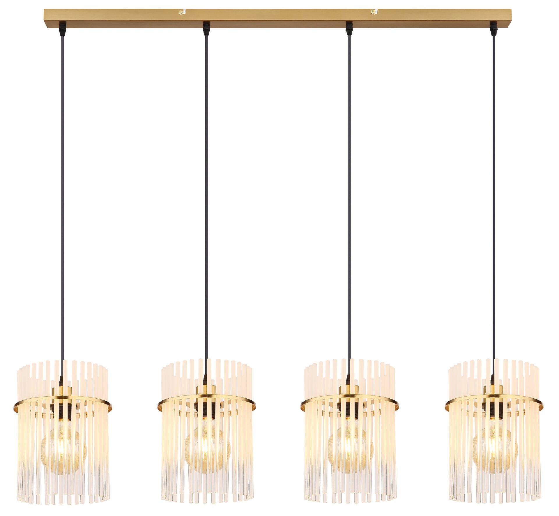Hängeleuchte GORLEY mit vier zylindrischen Lampenschirmen aus goldenen Glasstäben, die ein warmes, indirektes Licht erzeugen und von goldenen Rändern umschlossen werden.