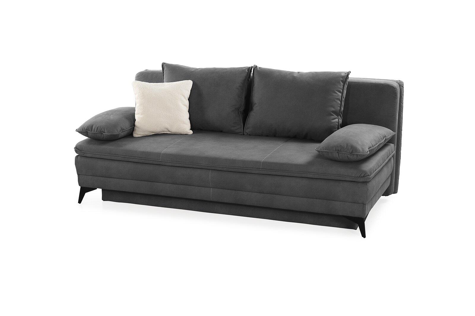 Schlafsofa Laurin in dunkelgrau mit Teddyoptik, seitlich dargestellt, mit ausgezogenen Liegeflächen und drei Dekokissen.