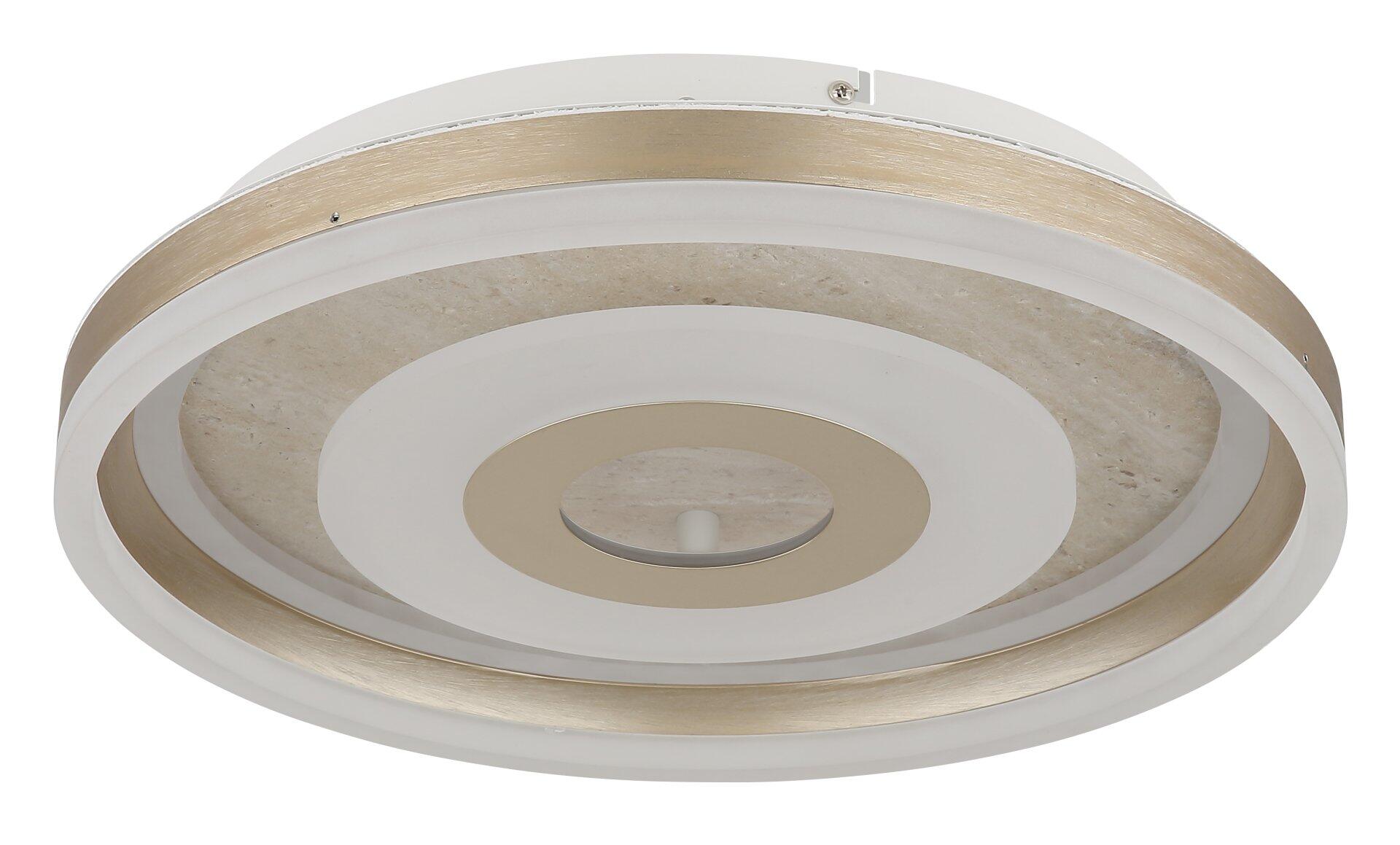 Deckenleuchte CARDENAS im Schnitt, die das Design mit ihren konzentrischen, golden-silbernen, weißen und dunklen Schichten sowie die von innen nach außen abstrahlende Lichtquelle zeigt.