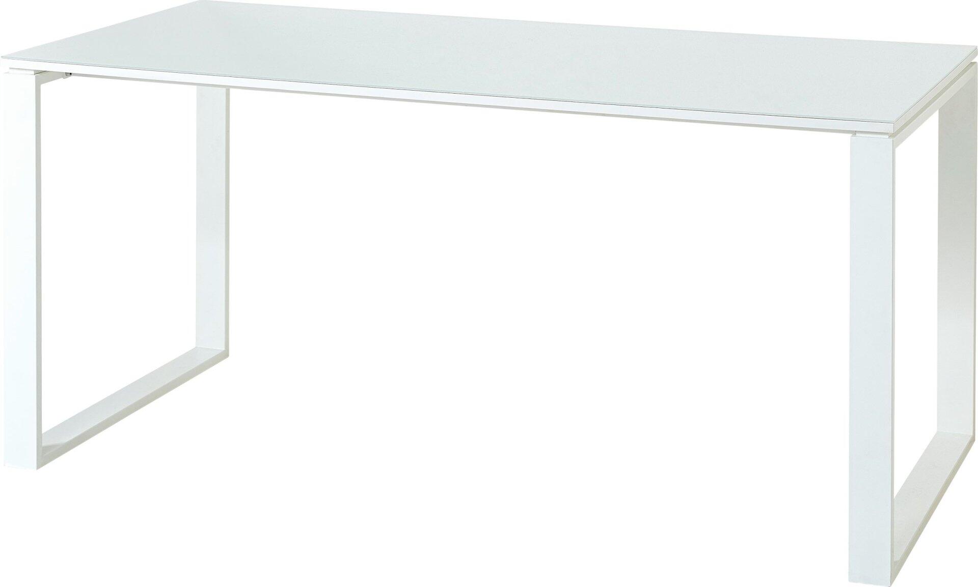 Schreibtisch Monteria in Weiß mit minimalistischem Design und stabilen Metallrohrbeinen, abgebildet aus Frontalperspektive.