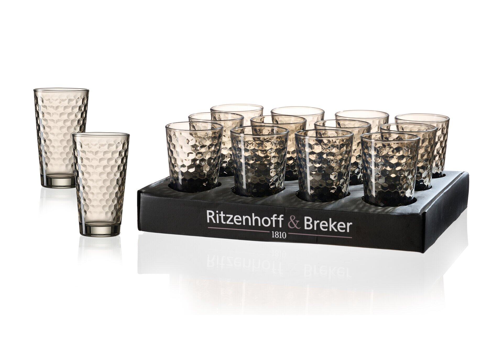 Acht Ritzenhoff & Breker Longdrinkgläser "Favo" in einer schwarzen Kartonverpackung, wobei die strukturierte Oberfläche und die Beschriftung auf der Oberseite der Verpackung erkennbar sind.