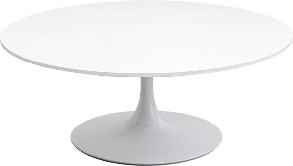 Detailaufnahme des Couchtischs Schickeria Weiß mit runder, weißer Tischplatte und einem schlanken, konischen Fuß, der an der Basis in einen tellerförmigen Sockel übergeht.
