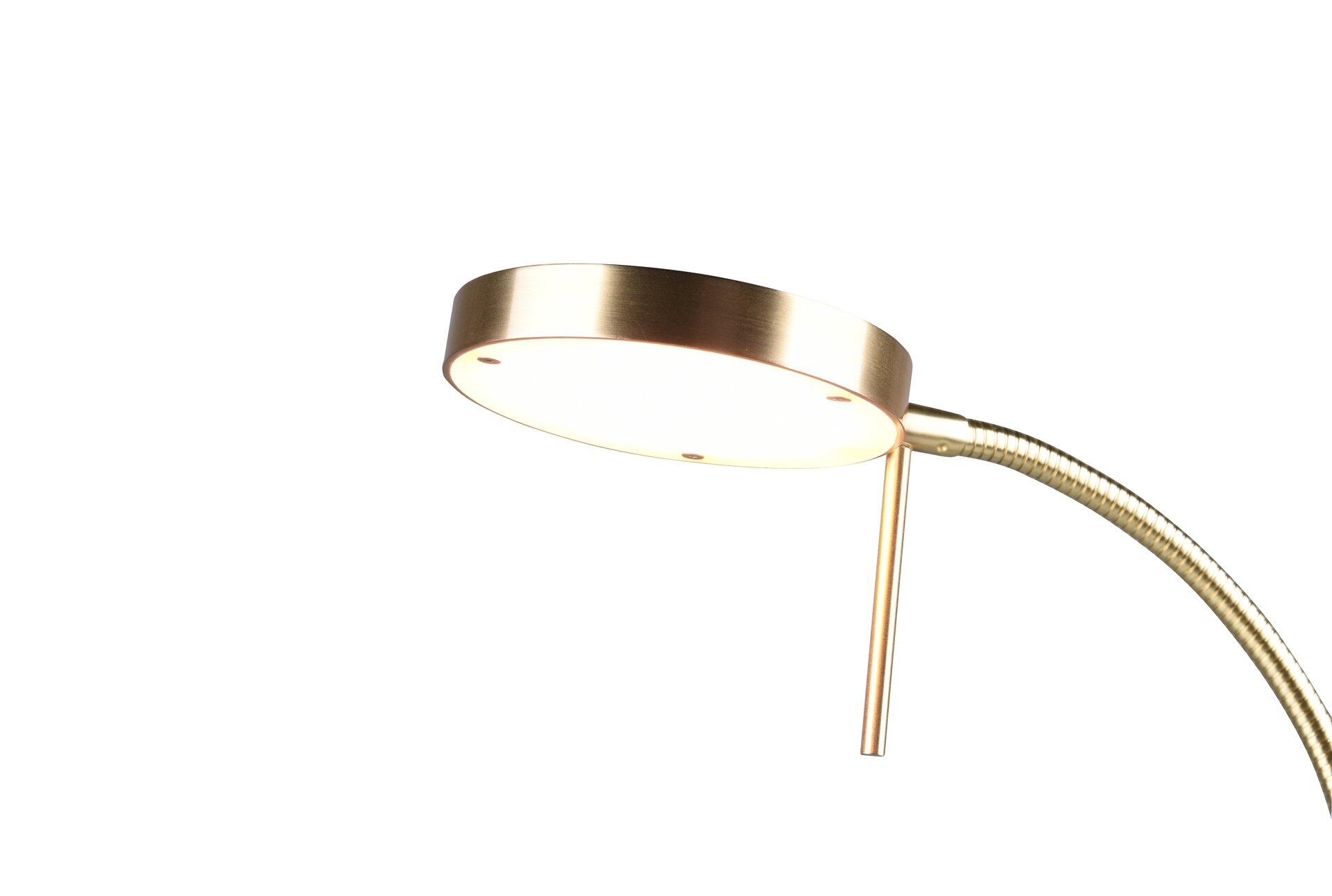 Tischleuchte Monza mit flexiblem Arm und goldenem Metallgehäuse, das eine gleichmäßige, warmweiße Beleuchtung ermöglicht.