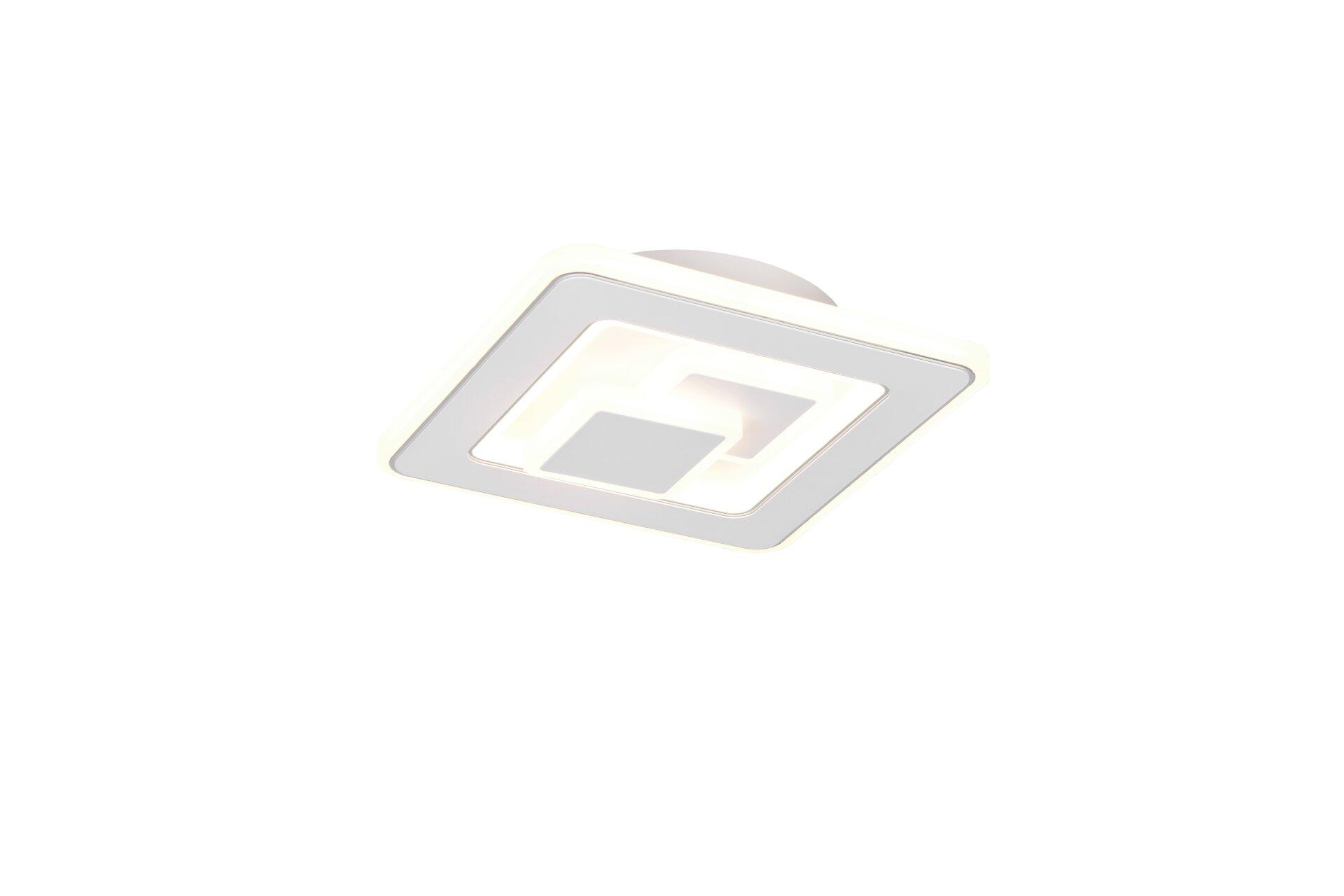 Deckenleuchte Tamaro mit weißem Rahmen und integriertem LED-Panel, das von oben schräg beleuchtet wird und ein warmes Licht abstrahlt.
