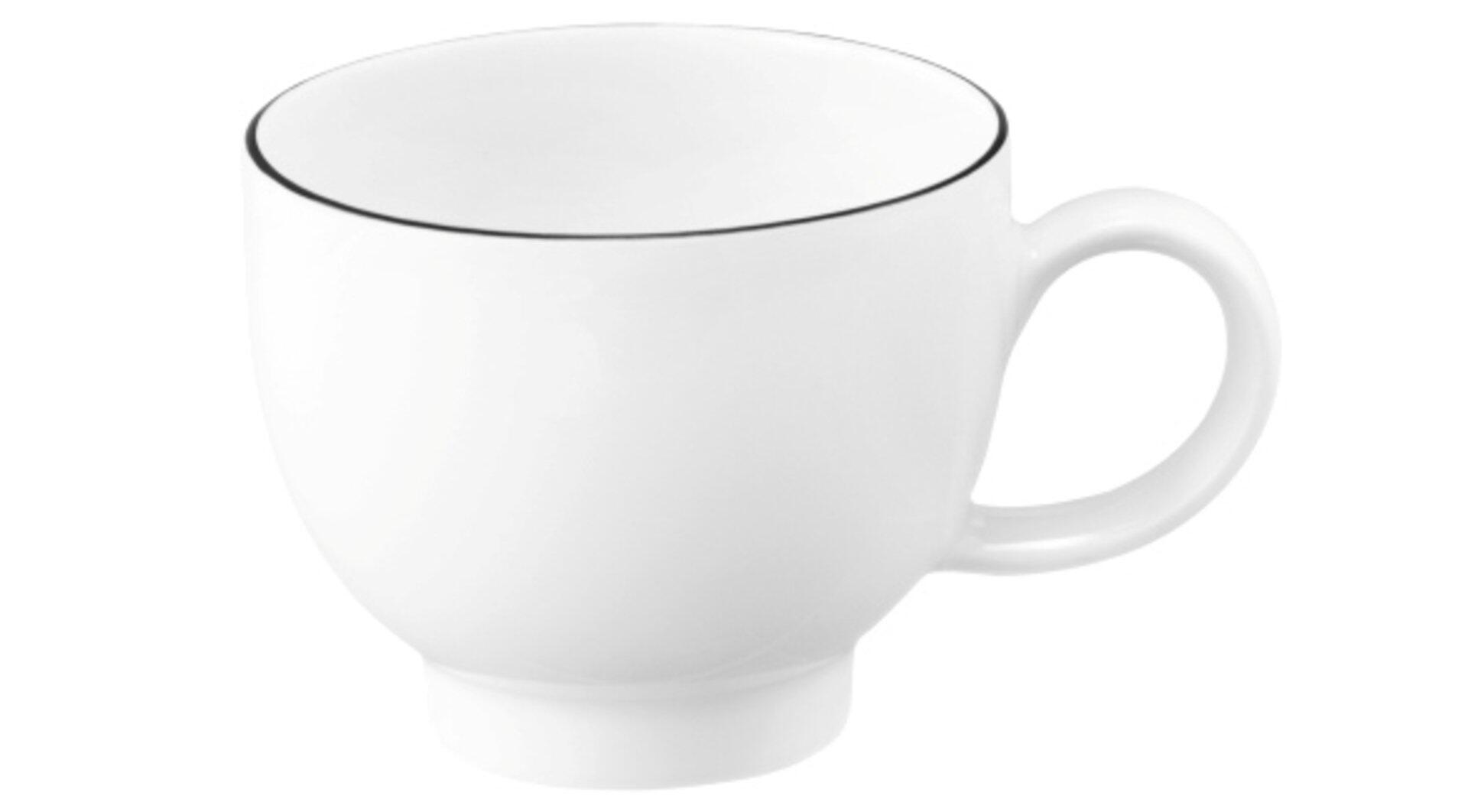 Espressoobertasse Lido mit schwarzem Farbrand und elegantem, geschwungenem Henkel, dargestellt aus leicht erhöhter Perspektive.
