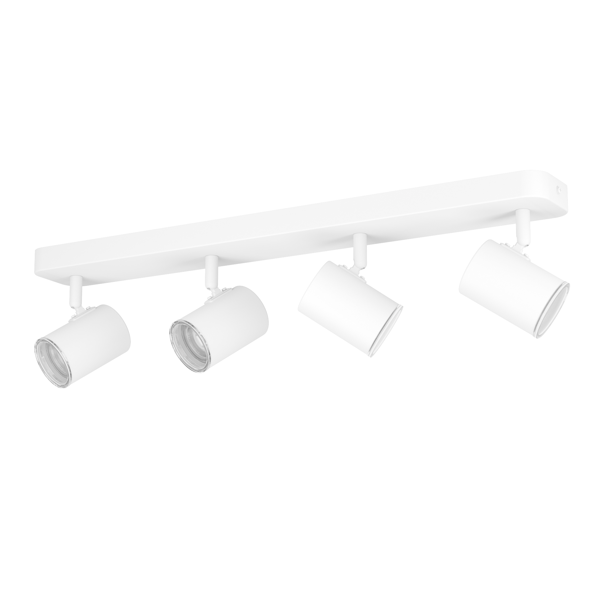 Pendelleuchte Consuma 1 mit vier verstellbaren, zylindrischen Spotlight-Lampenköpfen an einem weißen Streben, frontal auf weißem Hintergrund fotografiert.