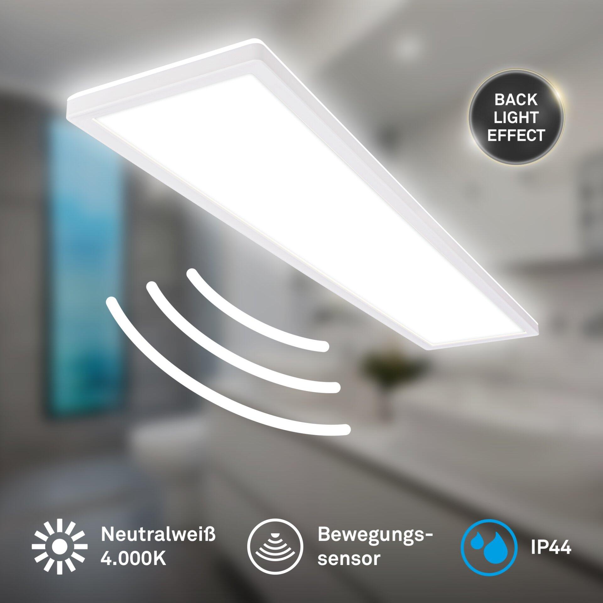 Panel, Move: Moderne LED-Deckenleuchte mit Bewegungssensor, Spritzwasserschutz (IP44) und Backlight-Effekt in neutralweißem Licht (4000K).