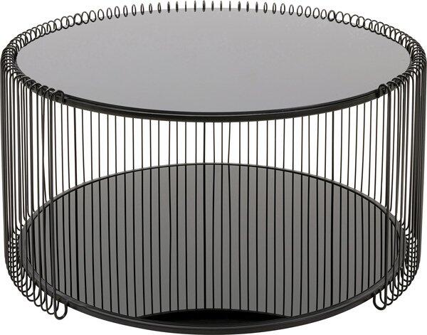 Couchtisch Wire Double Schwarz mit runder Glasplatte auf filigranem, schwarzen Metallgestell und integriertem Ablagebereich, dargestellt in einer Dreiviertelperspektive.