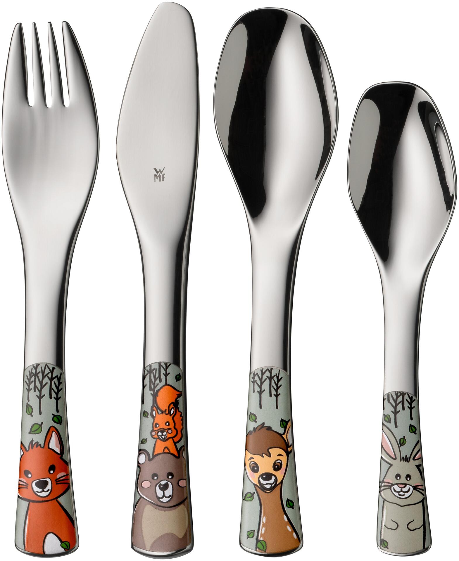 WMF Kinderbesteck-Set: Collage aus Kindergabel mit Fuchs-Motiv, Kinderlöffel mit Eichhörnchen, Rehkitz und Hase sowie einem Kaffeelöffel mit Logo, dargestellt aus Frontalperspektive auf weißem Hintergrund.