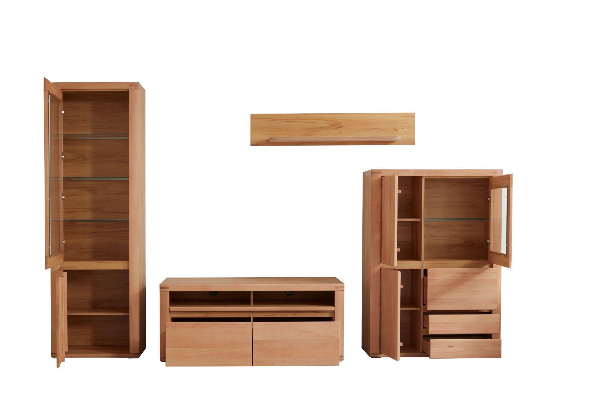 TV-/Wohnlösung Timos: TV-Unterteil mit Schubladen und Türen, flankiert von Vitrine mit Regalböden und Highboard mit Schubladen und offenen Fächern.