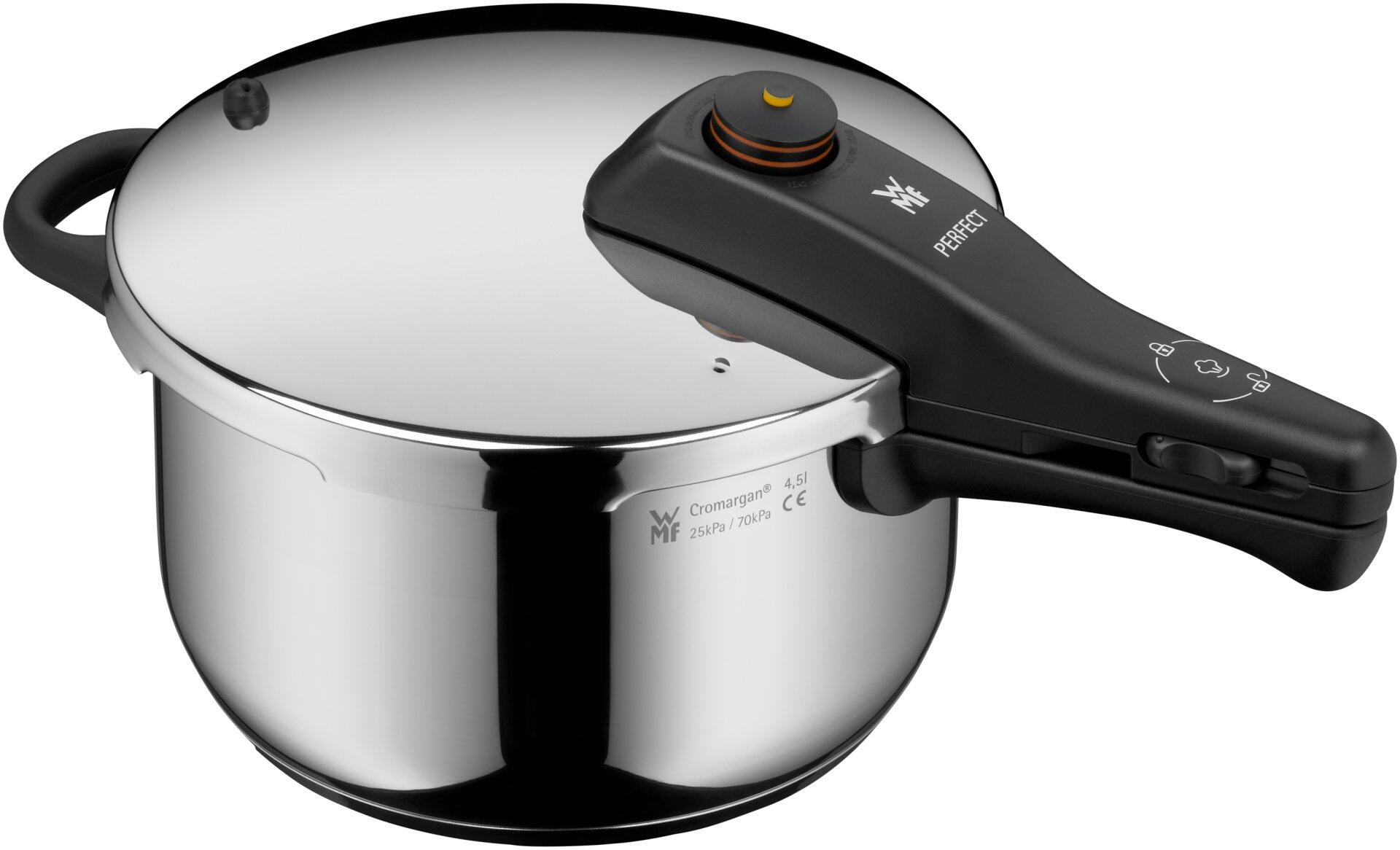 Schnellkochtopf Perfect New von WMF aus Edelstahl mit Dreiviertelperspektive, Druckanzeiger und Sicherheitsfunktionen.