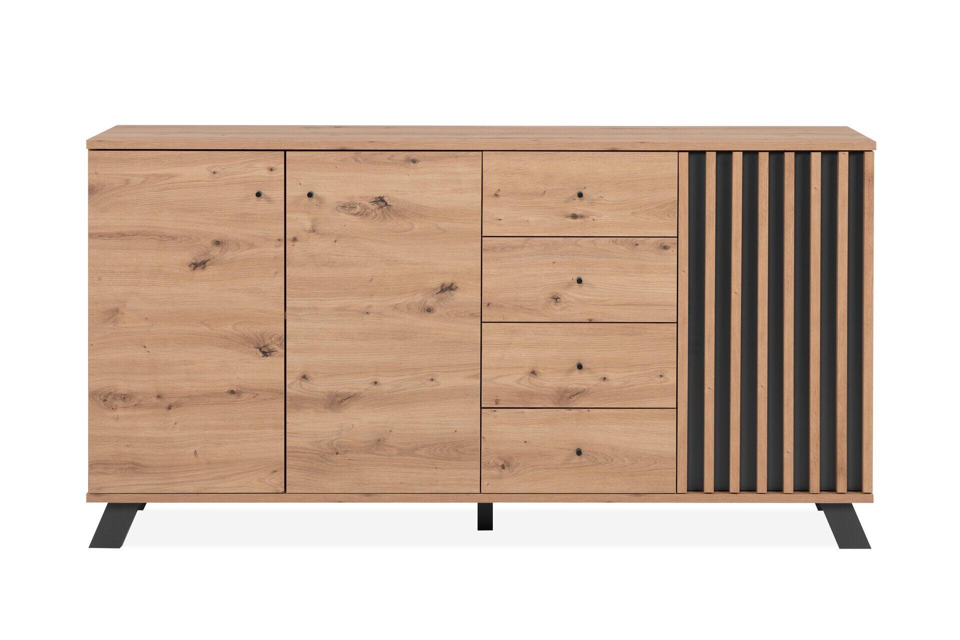 Sideboard Medan 51C aus der Vogelperspektive mit schwarzen Griffmulden, drei Schubladen und einer vertikalen Lamellenstruktur auf der rechten Seite.
