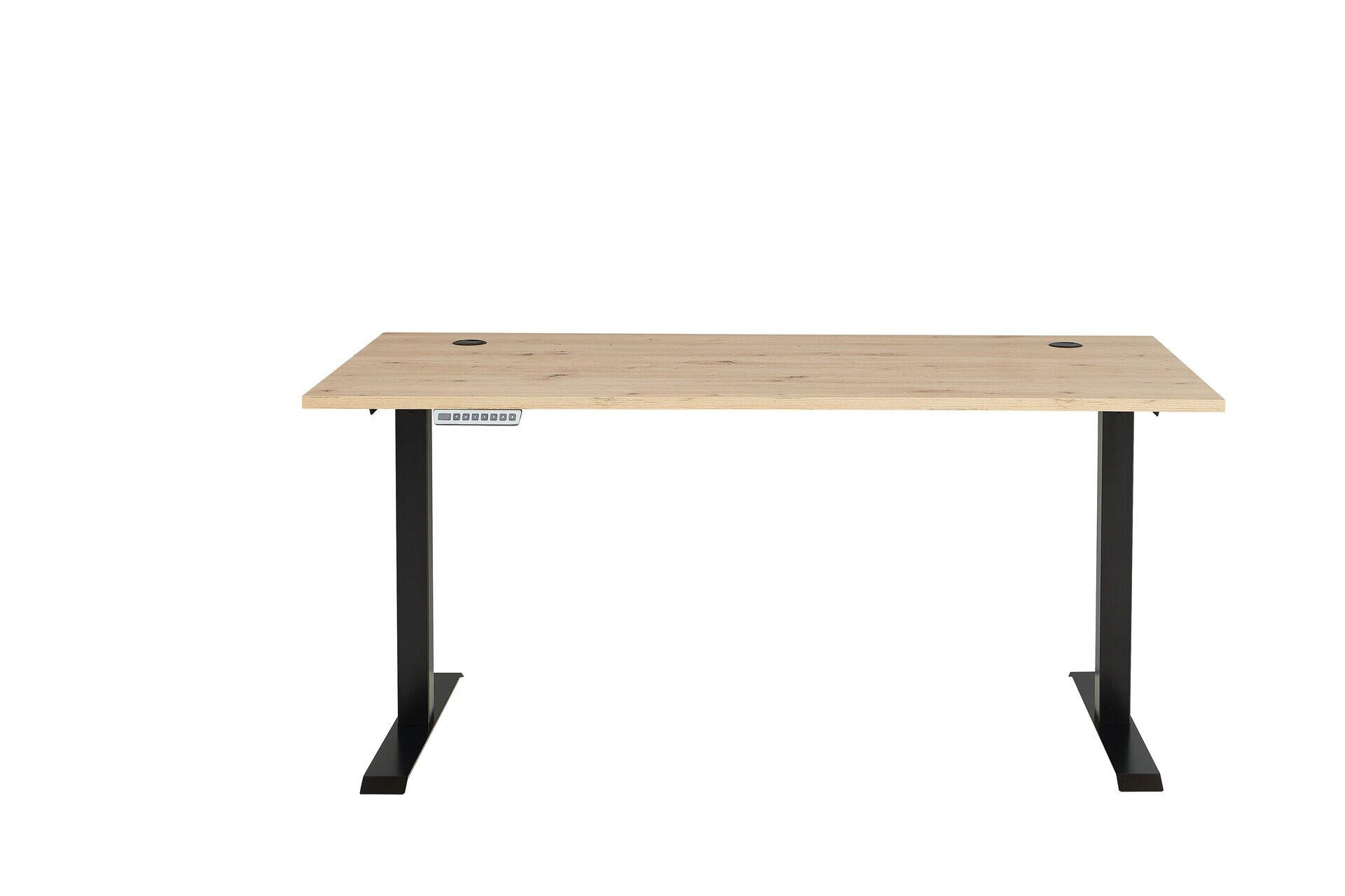 Schreibtisch Memphis mit Artisan-Eiche-Tischplatte, schwarzem Metallgestell und höhenverstellbarer Funktion mit Display zur Bedienung.