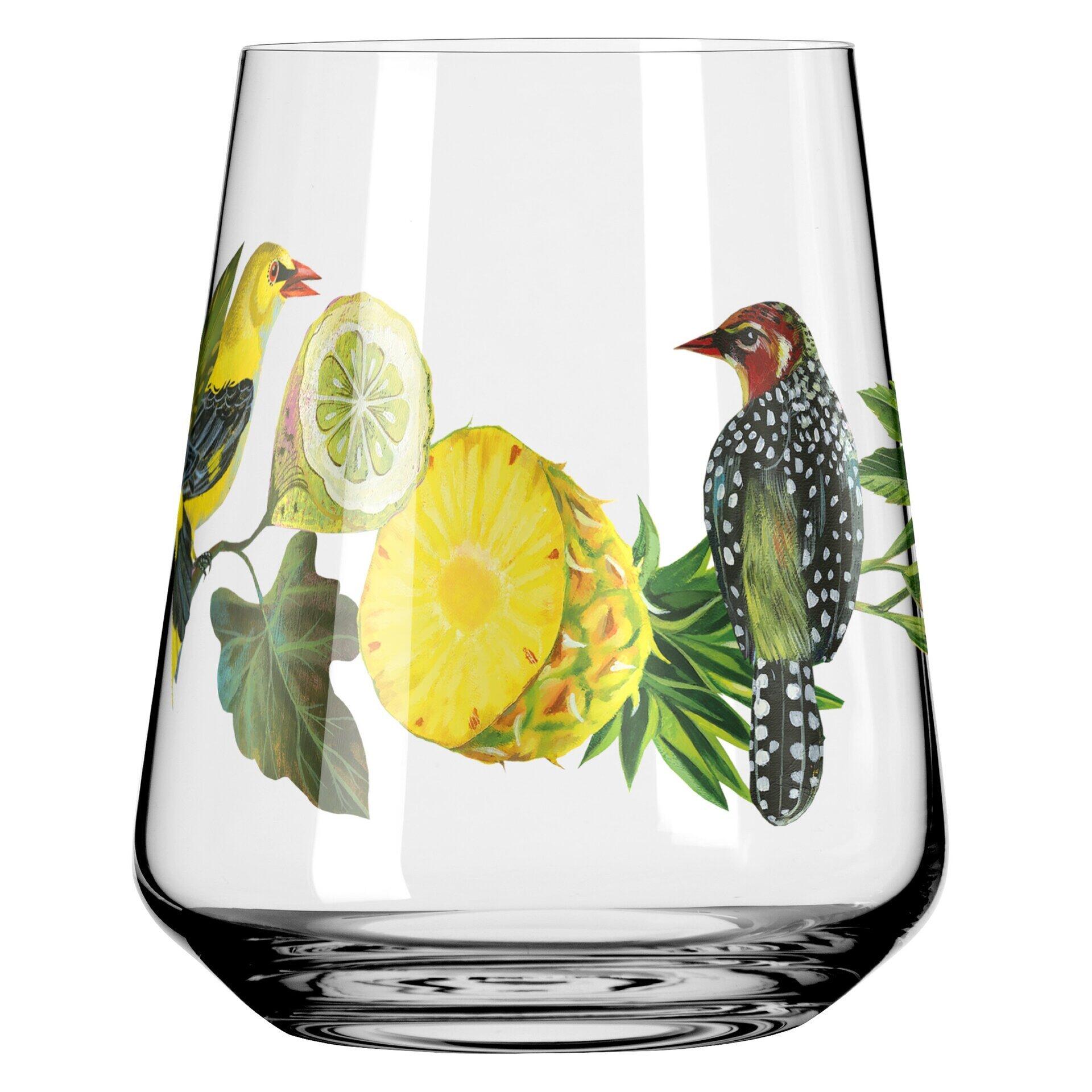 Universalglas-Set: Weinglas mit naturalistischer Darstellung von zwei Papageien, einer Zitrone und einer Ananas in gedrehtem Kelchformat.