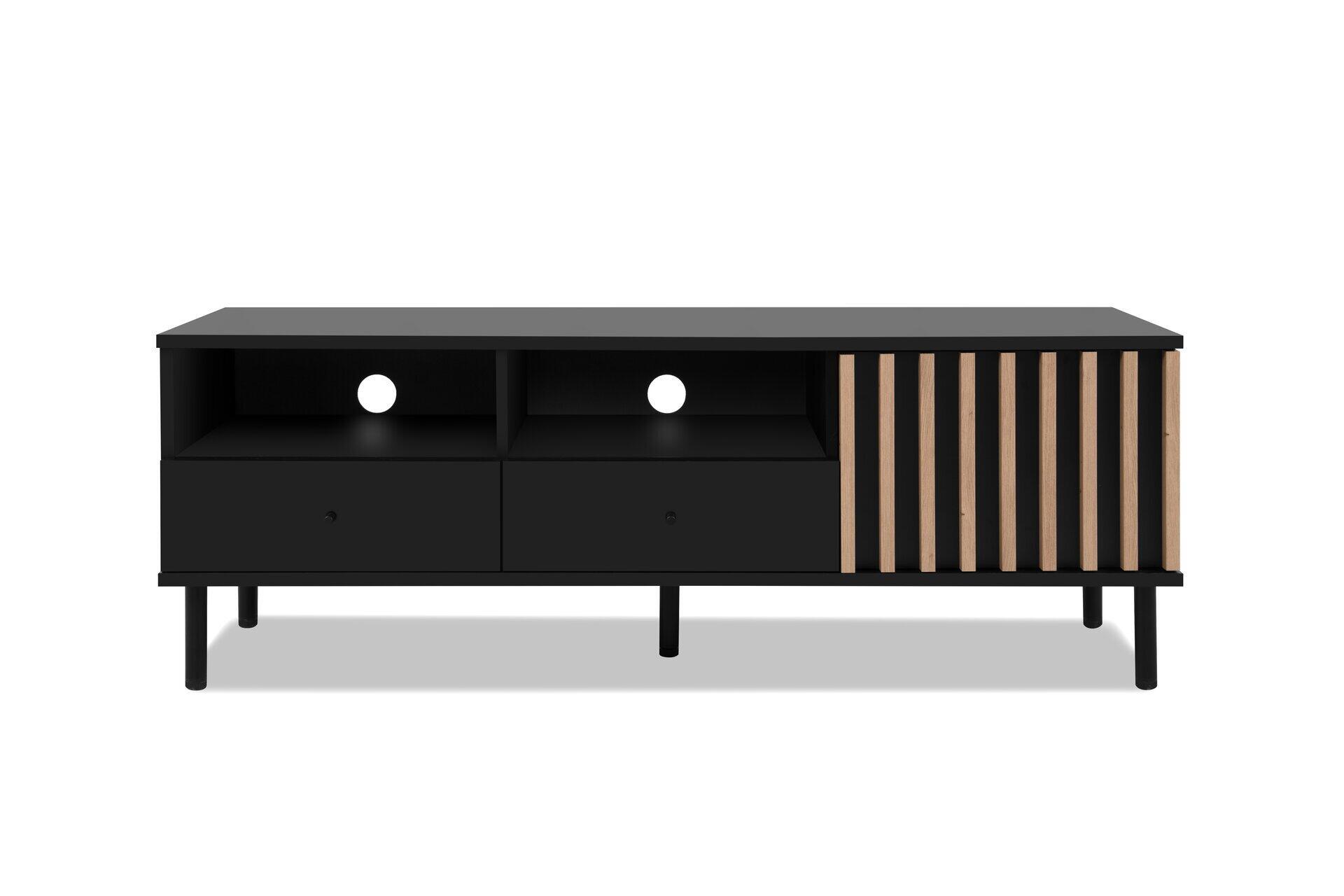 TV-Board Monza 56A mit schwarzem Korpus, konischen Füßen, zwei Schubladen mit Griffmulden, zwei offenen Nischen und vertikalen Holzleisten.