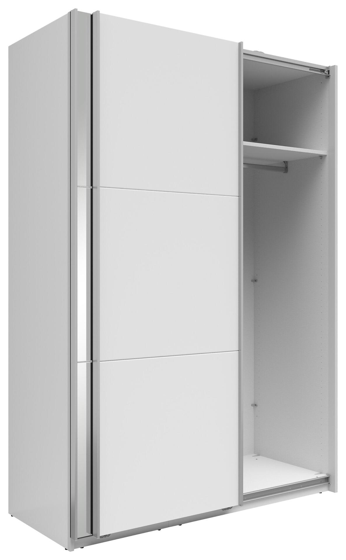 Schwebetürenschrank Neo in Weiß mit Spiegelglas, geöffnete Tür zeigt Kleiderstange und Ablagebereich im Inneren.