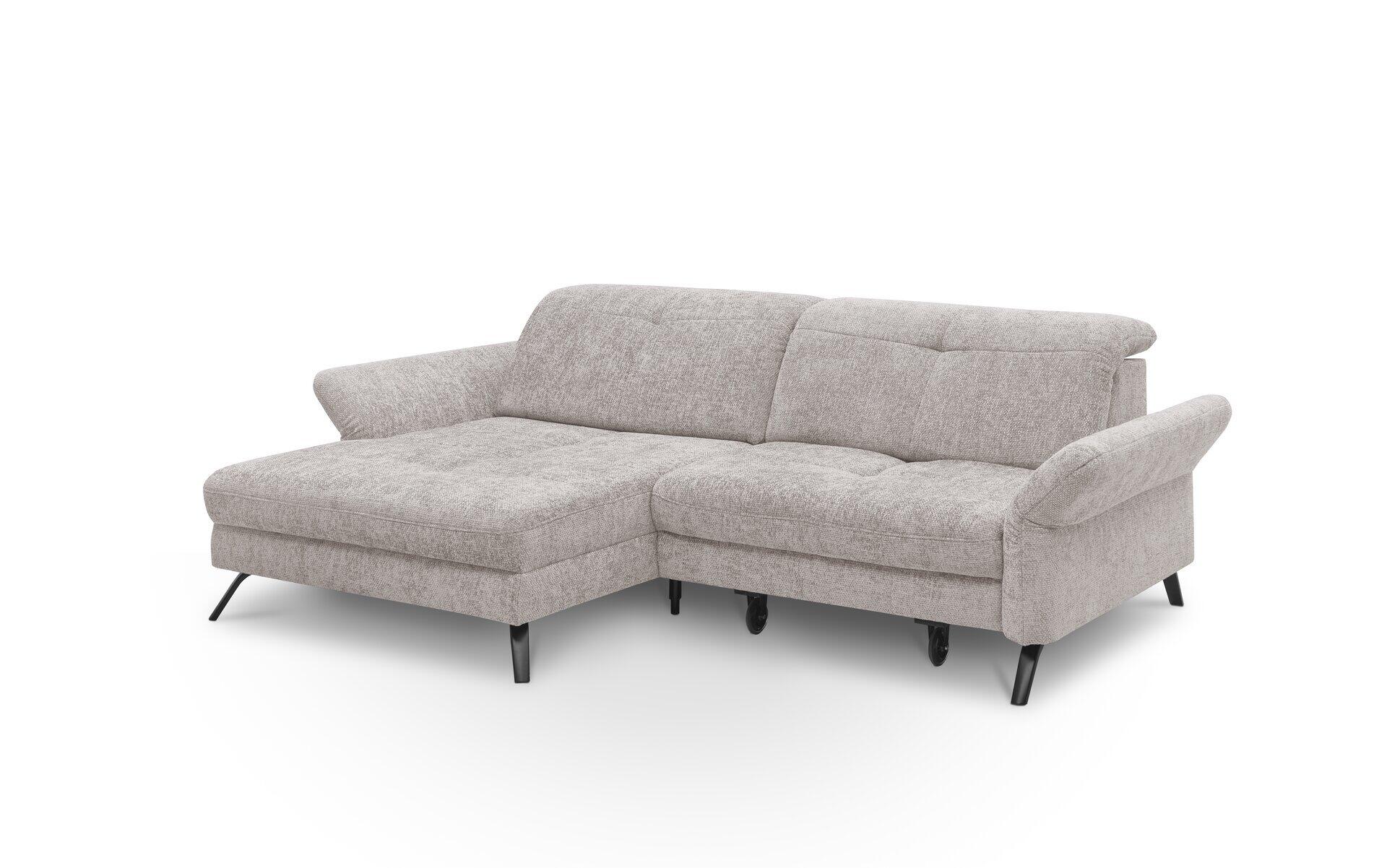 Graues Ecksofa SO 4400 mit verstellbaren Kopfstützen und Eckausziehsessel, stehend auf schwarzen Metallfüßen, frontal abgebildet.